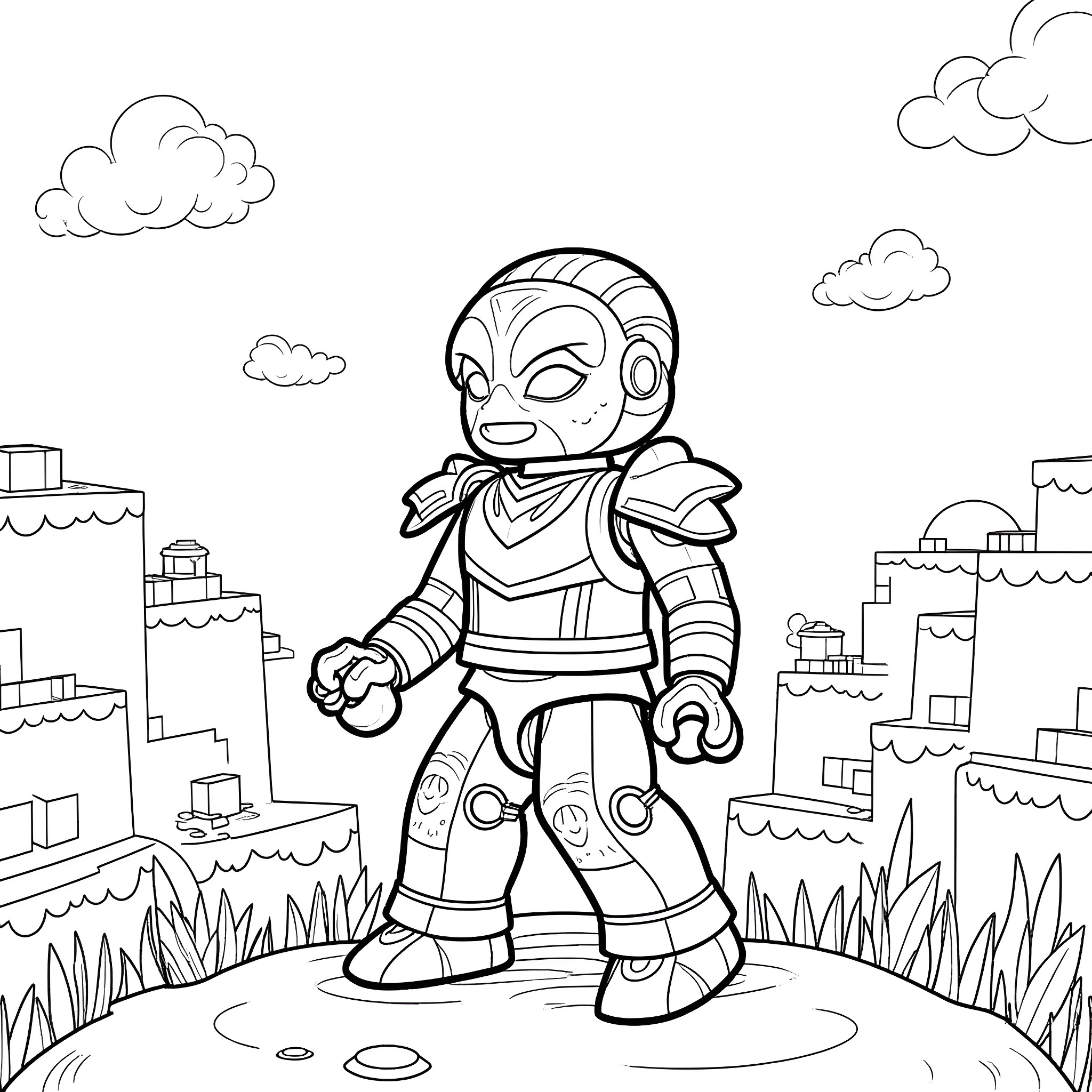Bionicle hero stands ready to defend the city Coloring Page (free black-and-white line drawing printable PDF for all, from beginners to advanced learners, including children, teens, adults, and seniors)