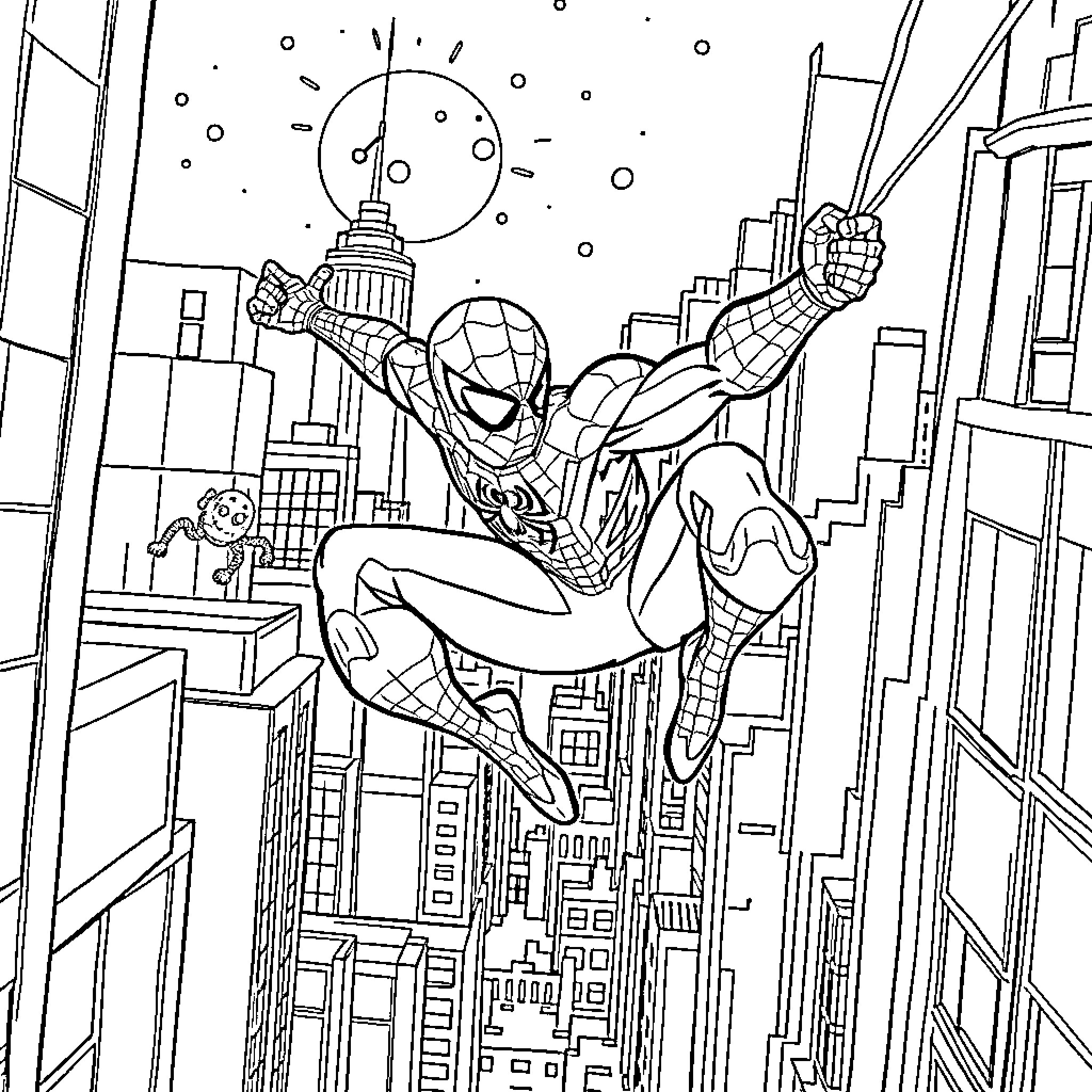 Spiderman swinging through the city at night Coloring Page (free black-and-white line drawing printable PDF for all, from beginners to advanced learners, including children, teens, adults, and seniors)