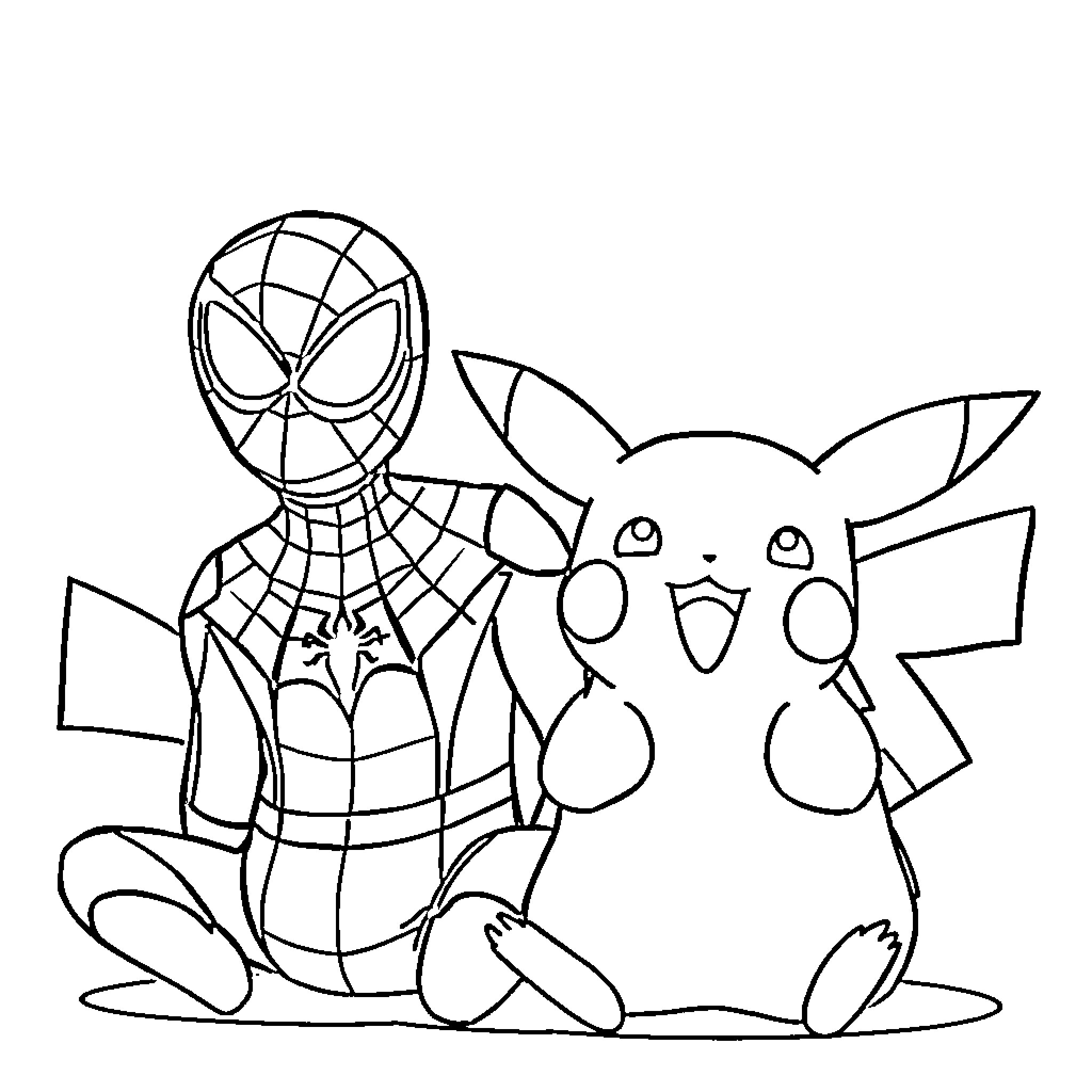 Pikachu hanging out with friendly Spider-Man Coloring Page (free black-and-white line drawing printable PDF for all, from beginners to advanced learners, including children, teens, adults, and seniors)