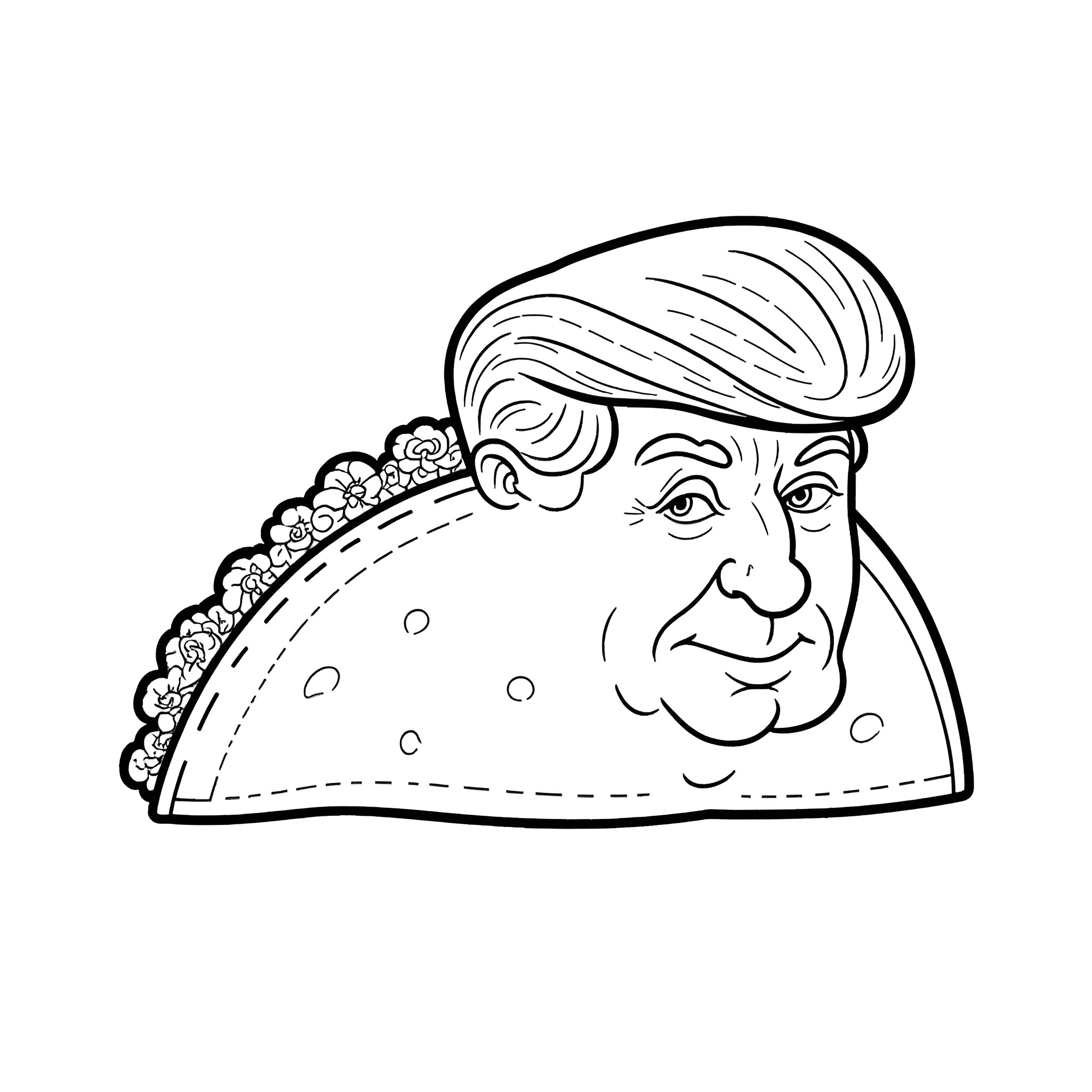 Trump's Caricature in Outlined Sketch Coloring Page (free black-and-white line drawing printable PDF for all, from beginners to advanced learners, including children, teens, adults, and seniors)