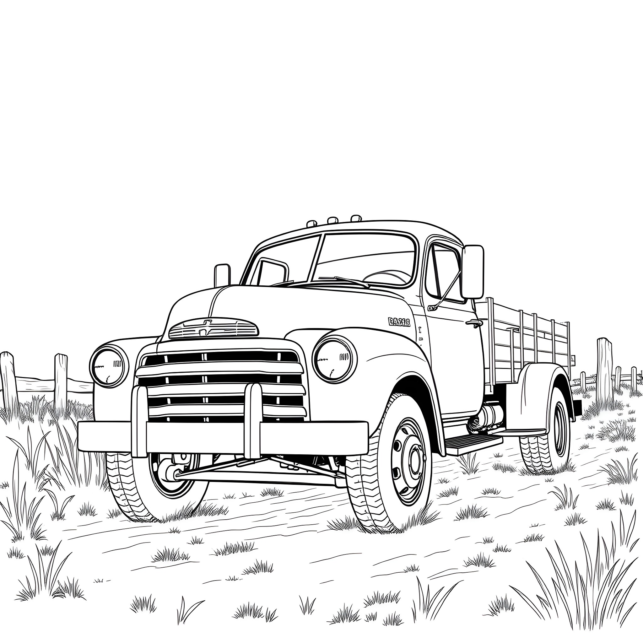 Truck transporting supplies through rural landscape Coloring Page (free black-and-white line drawing printable PDF for all, from beginners to advanced learners, including children, teens, adults, and seniors)