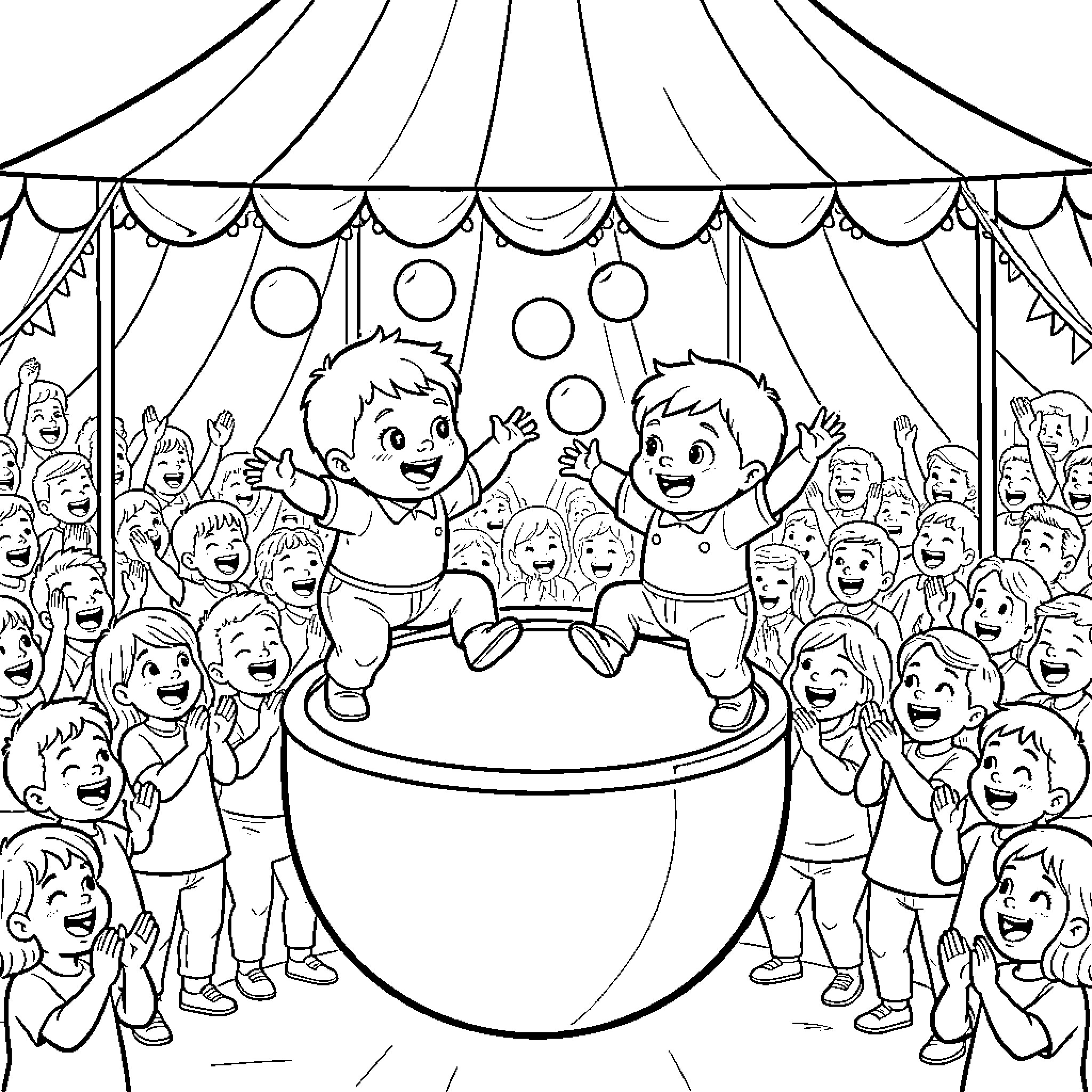 Bebe's Circus Performance with Cheering Crowd Coloring Page (free black-and-white line drawing printable PDF for all, from beginners to advanced learners, including children, teens, adults, and seniors)