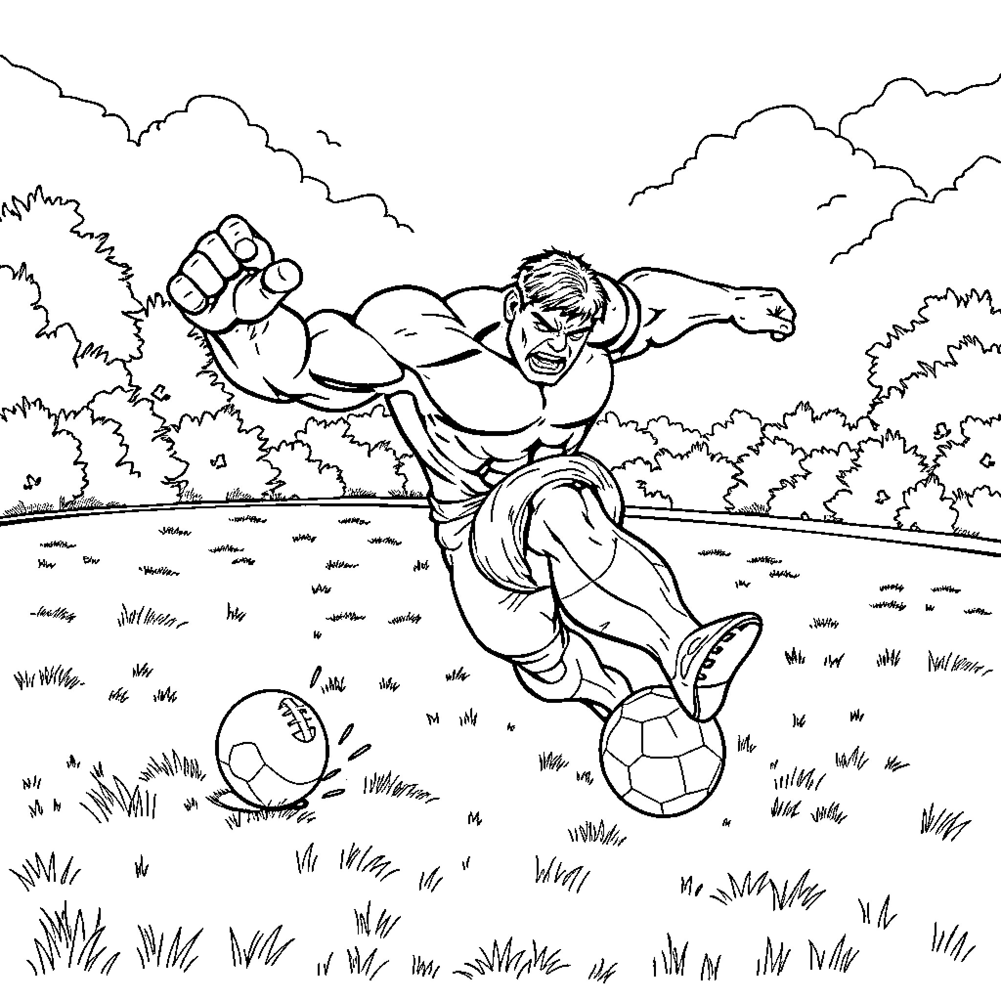 Hulk smashing through the field with determination Coloring Page (free black-and-white line drawing printable PDF for all, from beginners to advanced learners, including children, teens, adults, and seniors)