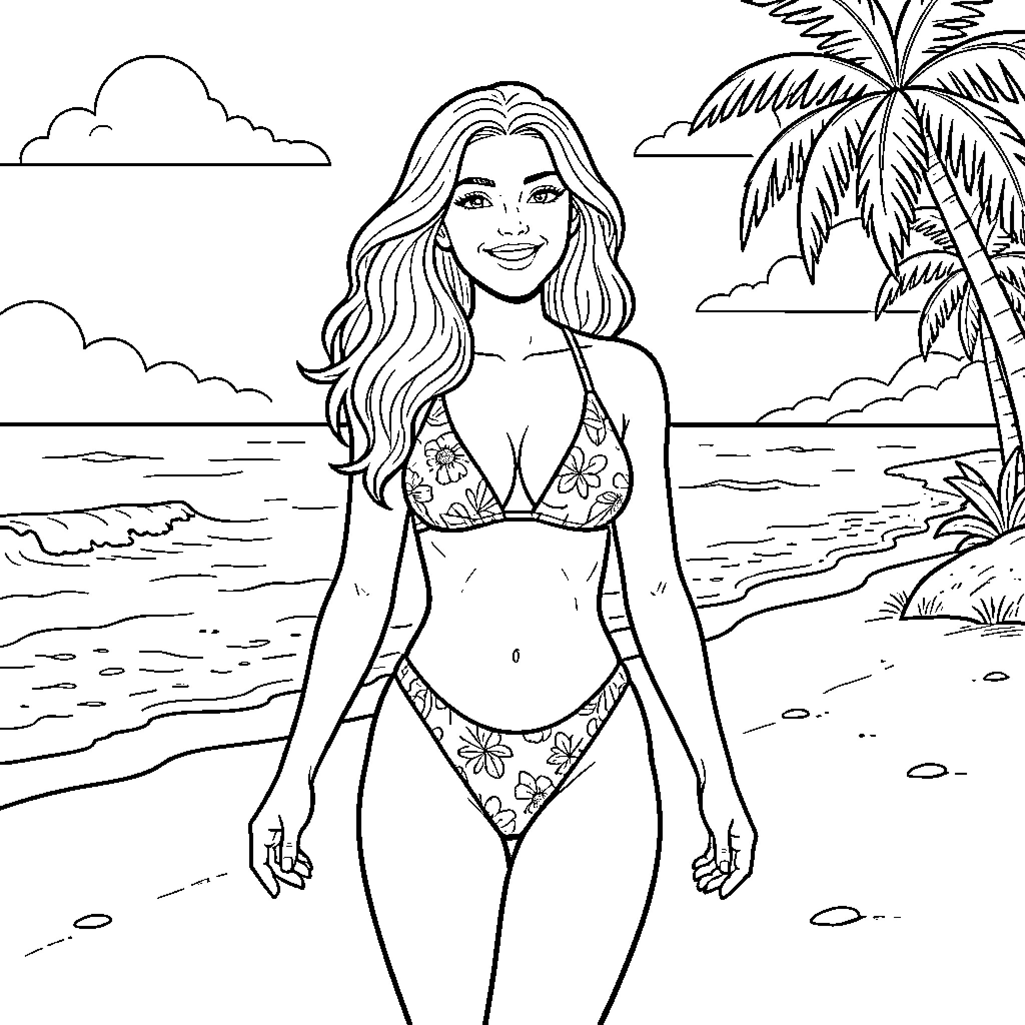 Woman enjoying the beach in a floral swimsuit Coloring Page (free black-and-white line drawing printable PDF for all, from beginners to advanced learners, including children, teens, adults, and seniors)
