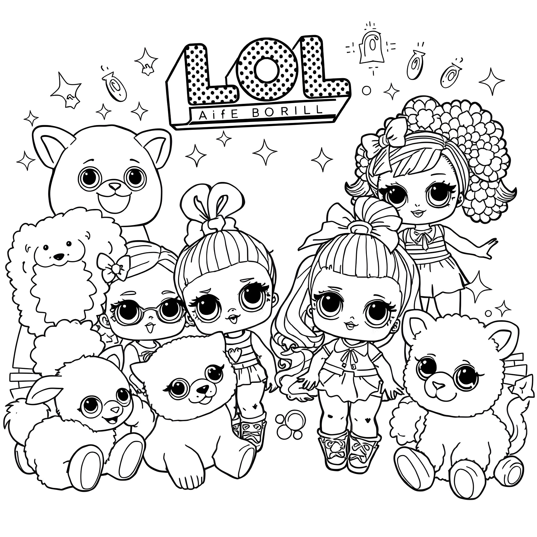 LOL Dolls with Stuffed Animal Friends in Cute Poses Coloring Page (free black-and-white line drawing printable PDF for all, from beginners to advanced learners, including children, teens, adults, and seniors)