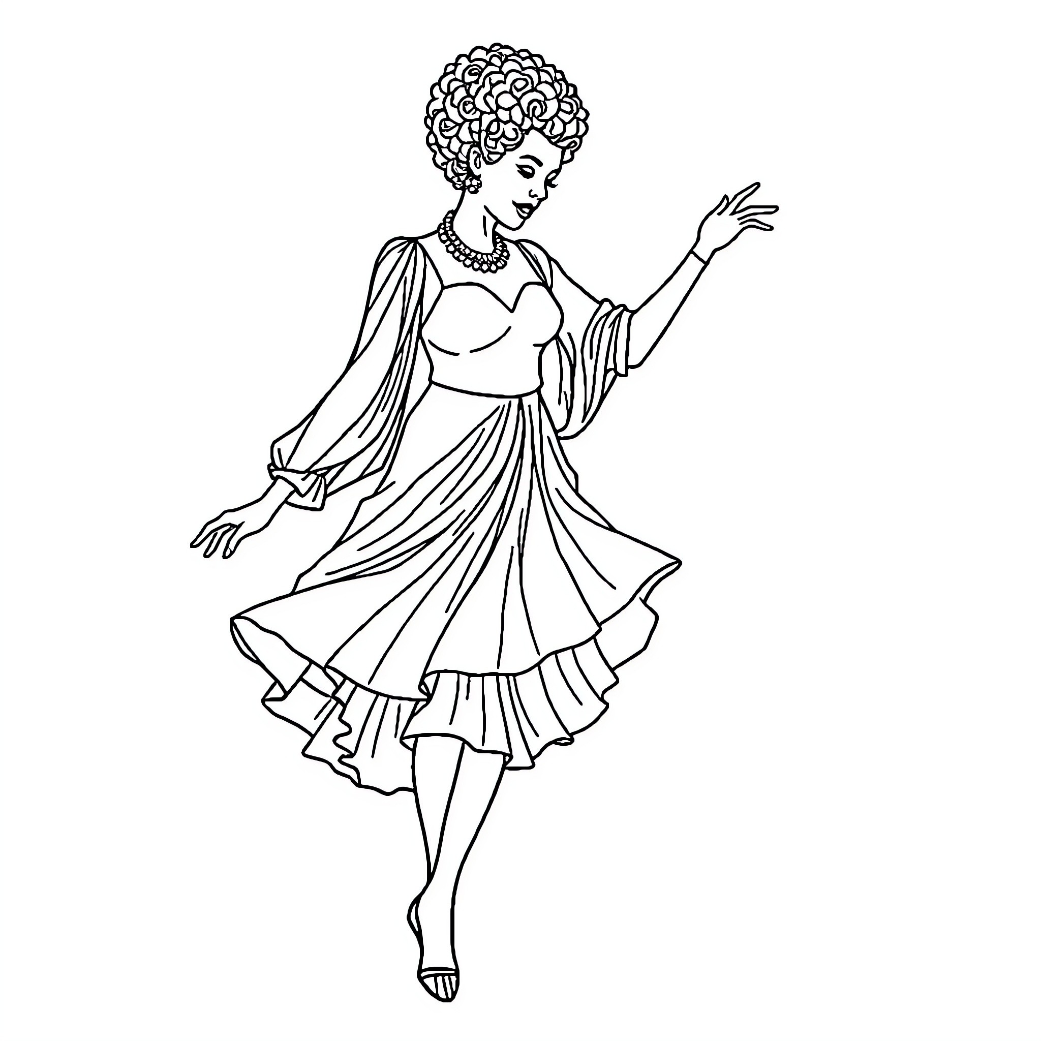 Katherine Dunham in Graceful Dance Pose Coloring Page (free black-and-white line drawing printable PDF for all, from beginners to advanced learners, including children, teens, adults, and seniors)