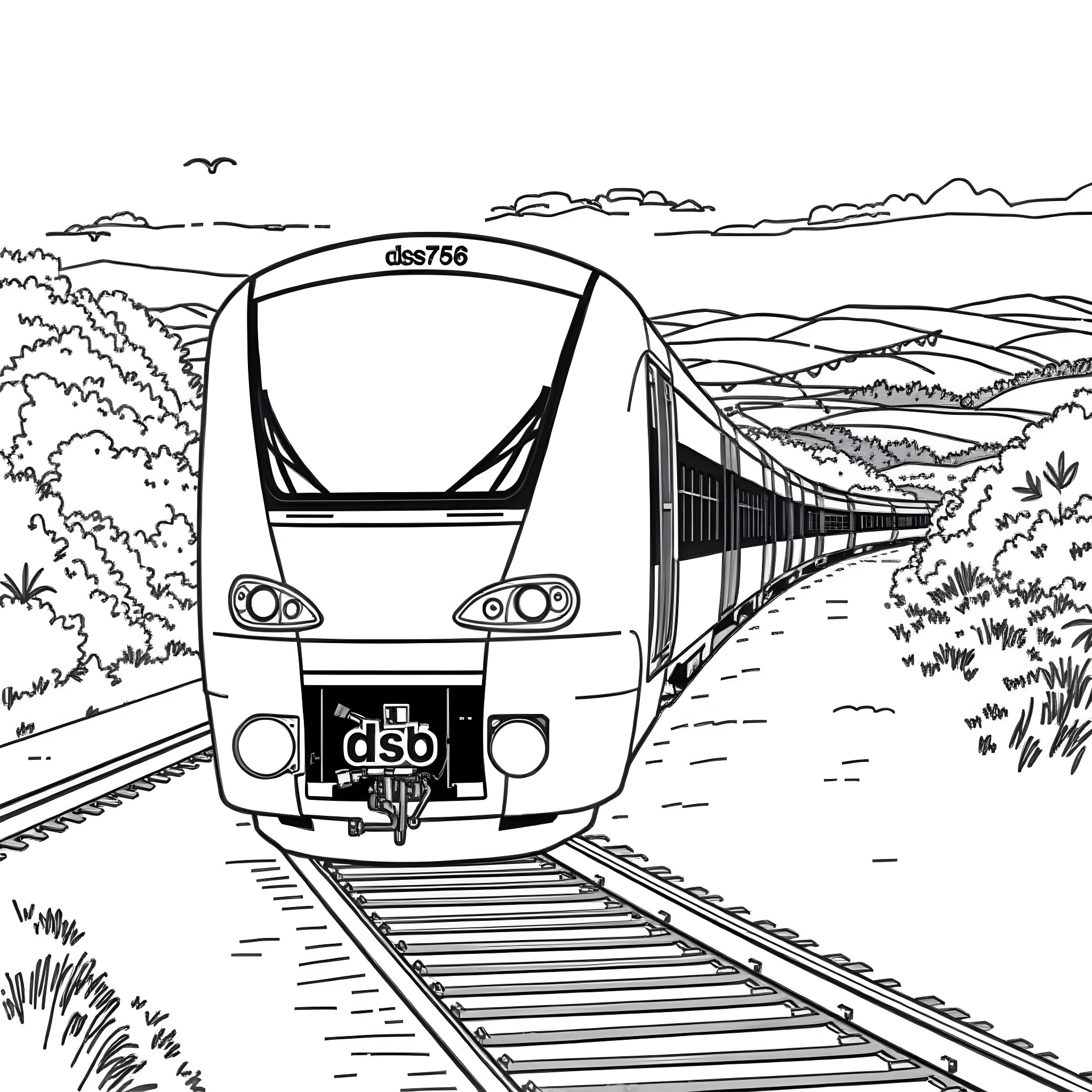 Train speeding through scenic countryside landscape Coloring Page (free black-and-white line drawing printable PDF for all, from beginners to advanced learners, including children, teens, adults, and seniors)