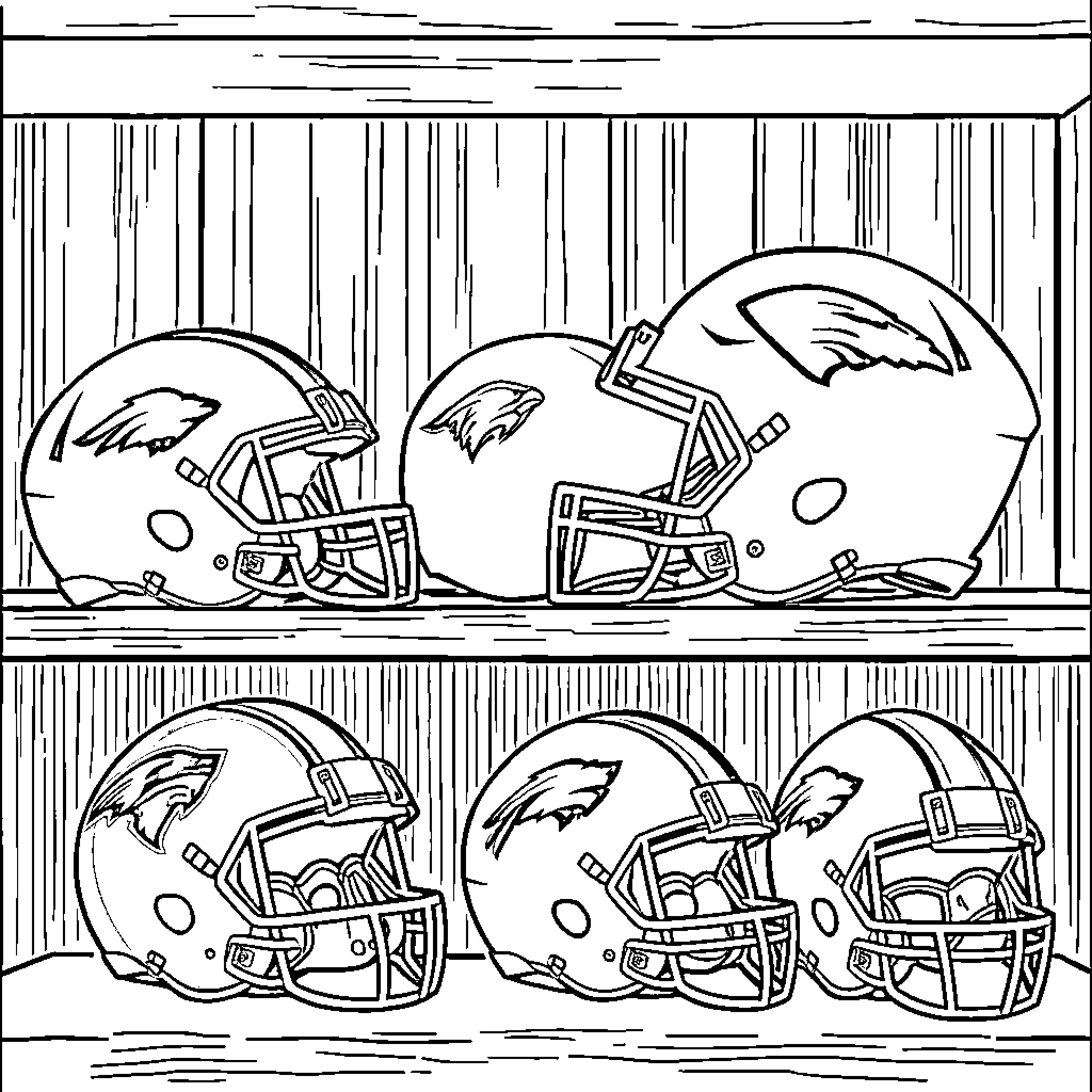 NFL Helmets Displayed on Shelves Coloring Page (free black-and-white line drawing printable PDF for all, from beginners to advanced learners, including children, teens, adults, and seniors)