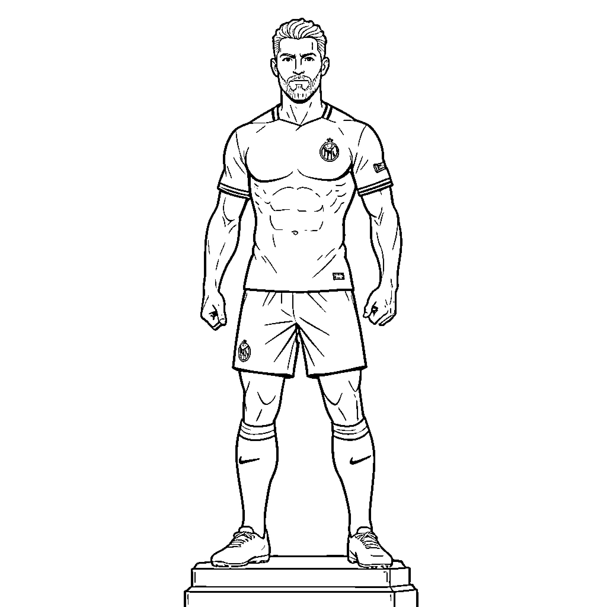 Cristiano Ronaldo in athletic uniform standing tall Coloring Page (free black-and-white line drawing printable PDF for all, from beginners to advanced learners, including children, teens, adults, and seniors)