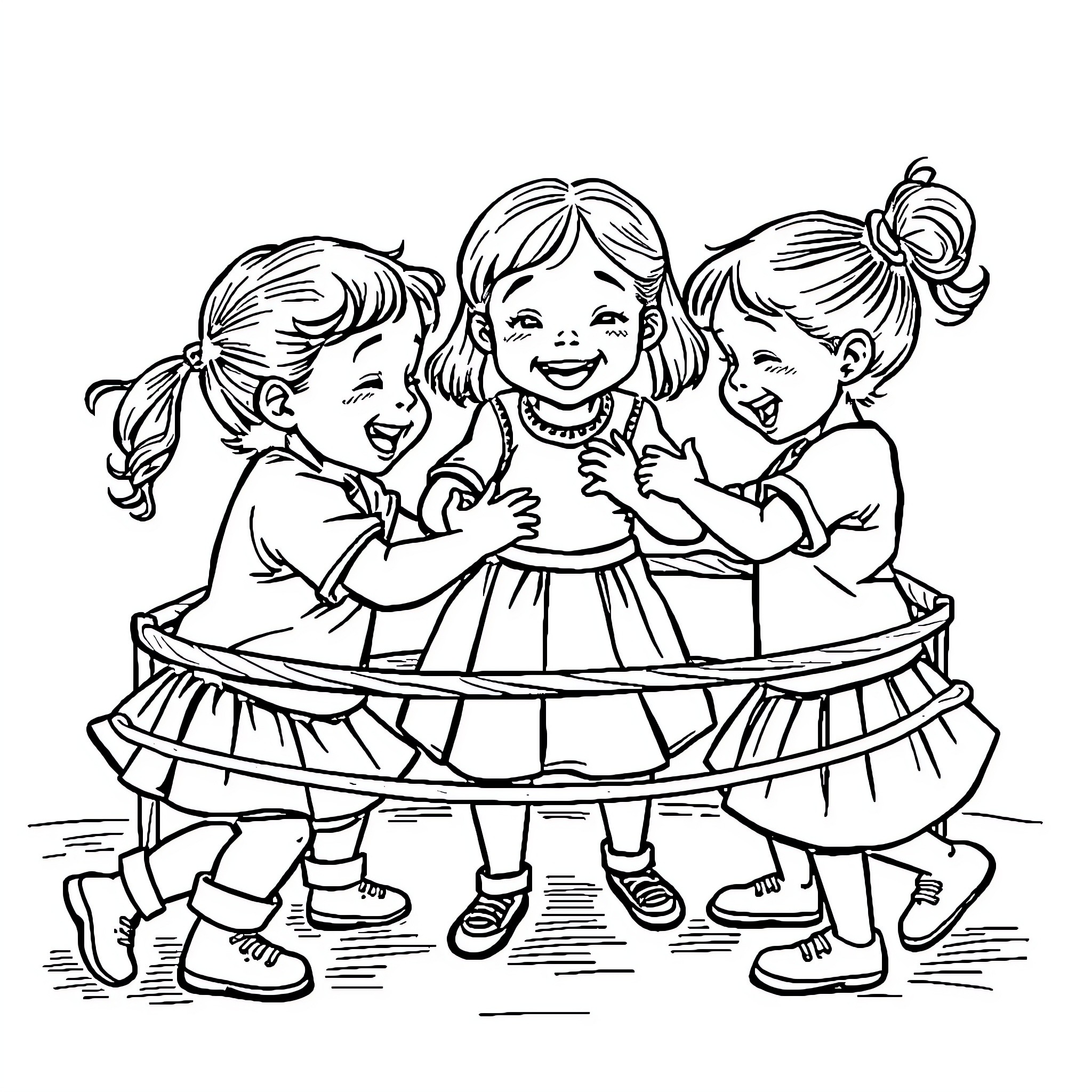 Girl friends enjoying a fun afternoon together Coloring Page (free black-and-white line drawing printable PDF for all, from beginners to advanced learners, including children, teens, adults, and seniors)
