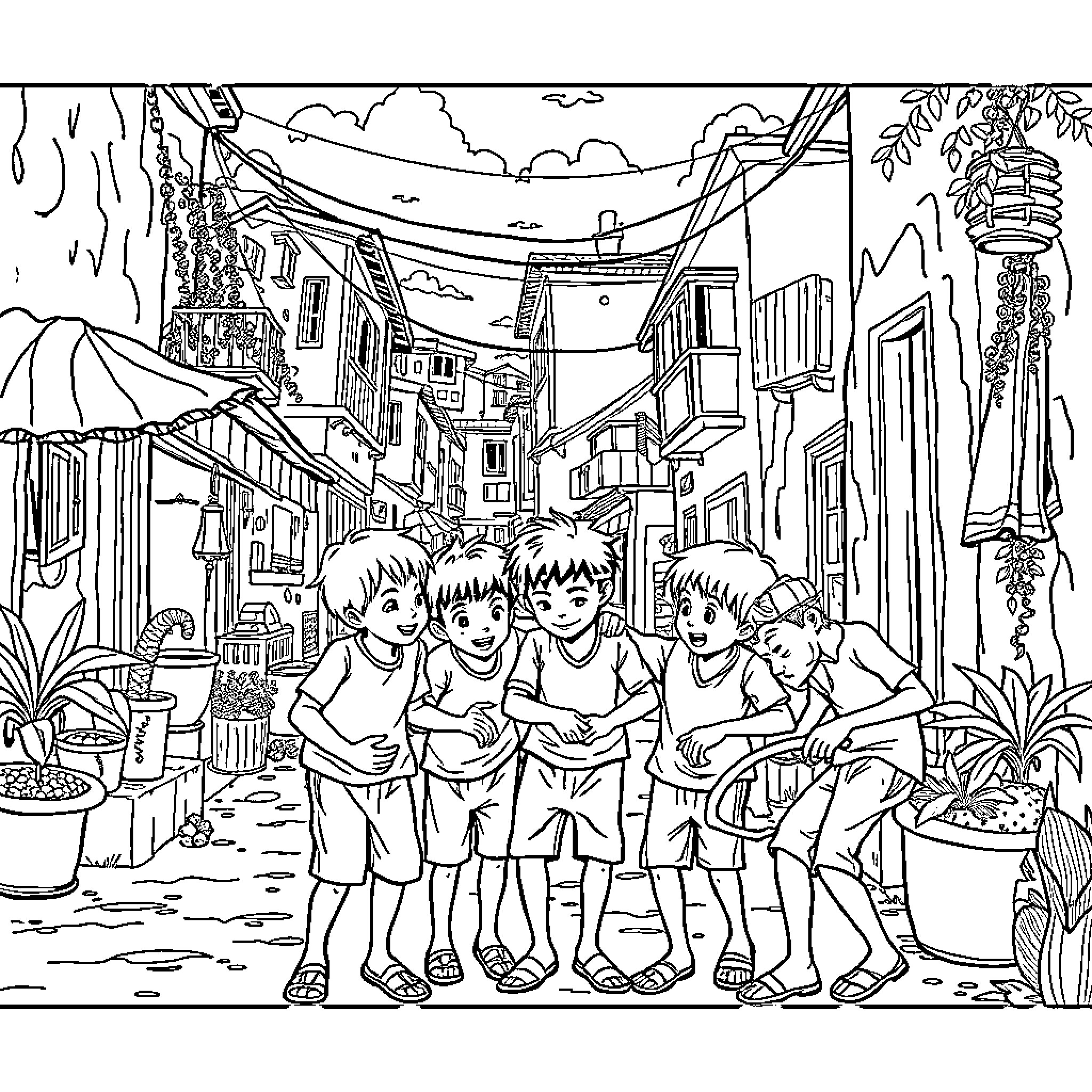 Saja Boy's Adventure in a Lively Neighborhood Coloring Page (free black-and-white line drawing printable PDF for all, from beginners to advanced learners, including children, teens, adults, and seniors)