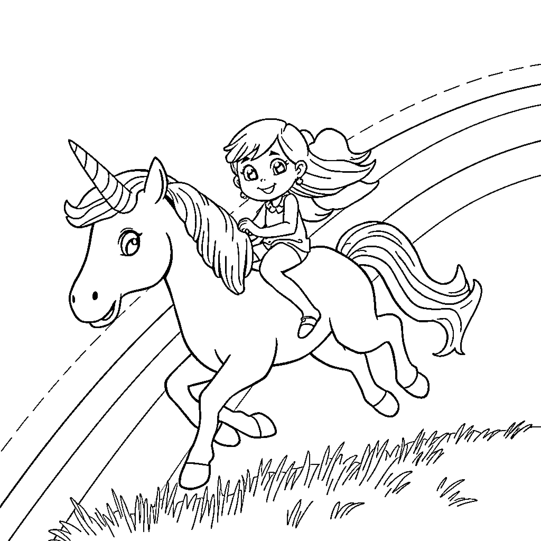 Girl riding a unicorn through a magical field Coloring Page (free black-and-white line drawing printable PDF for all, from beginners to advanced learners, including children, teens, adults, and seniors)