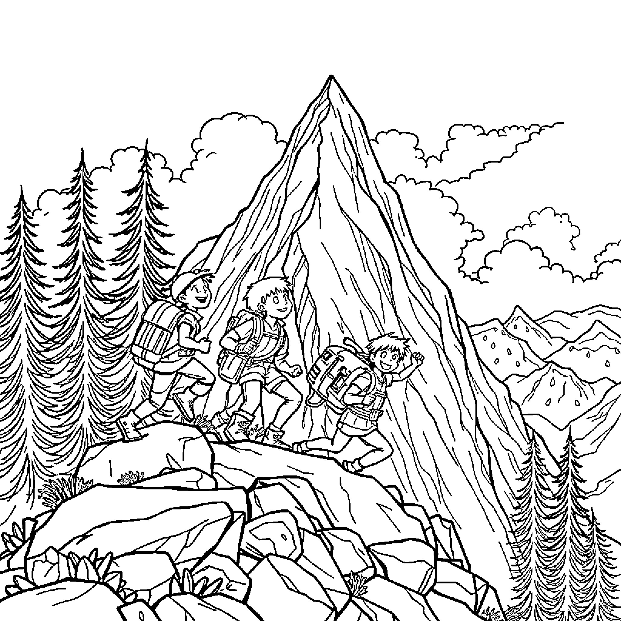 Kid hikers exploring rugged mountain landscape Coloring Page (free black-and-white line drawing printable PDF for all, from beginners to advanced learners, including children, teens, adults, and seniors)