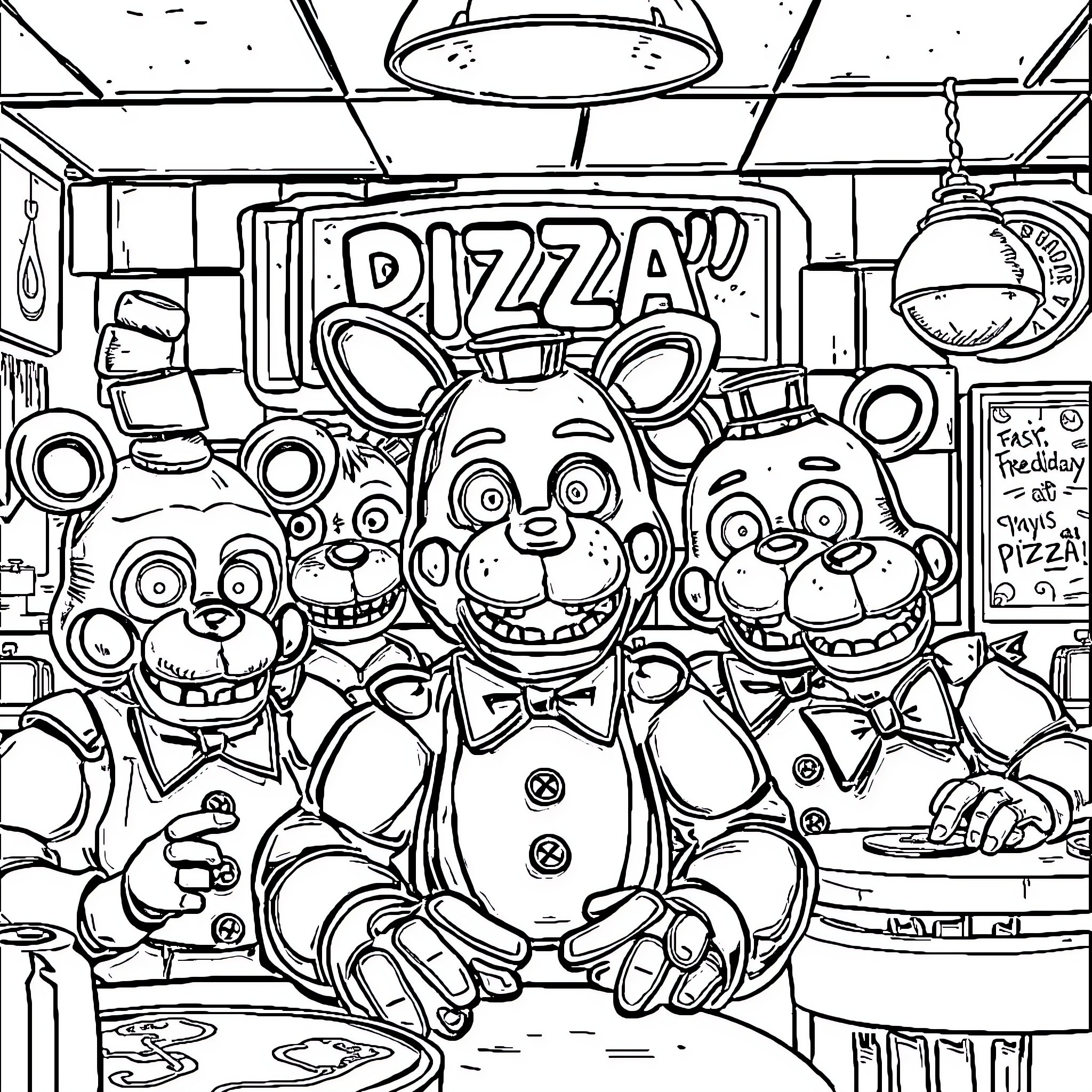 FNAF: Animatronic Mascots in Pizzeria Setting Coloring Page (free black-and-white line drawing printable PDF for all, from beginners to advanced learners, including children, teens, adults, and seniors)