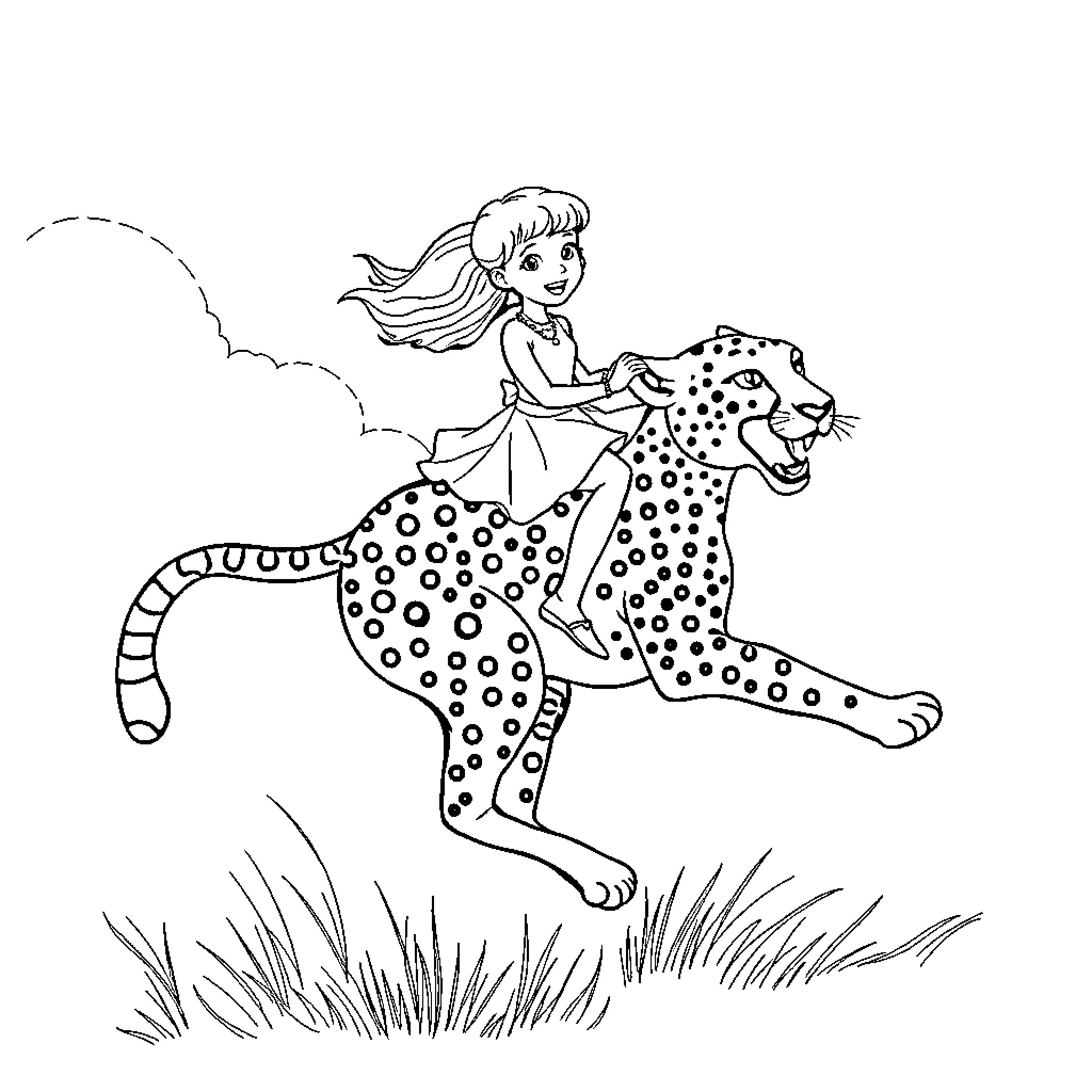 Girl riding a spotted cat through the wilderness Coloring Page (free black-and-white line drawing printable PDF for all, from beginners to advanced learners, including children, teens, adults, and seniors)