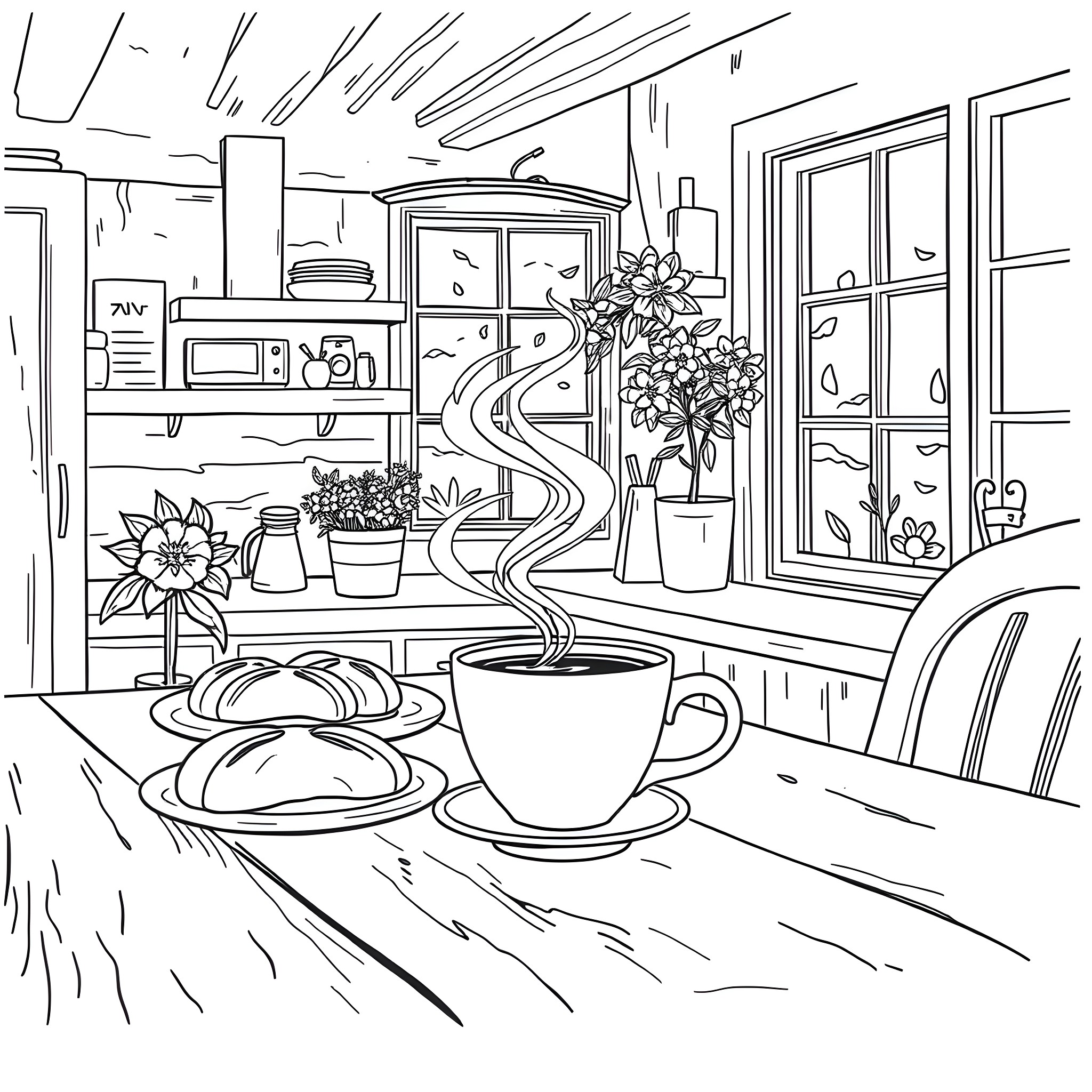 Coffee Break in a Cozy Kitchen Coloring Page (free black-and-white line drawing printable PDF for all, from beginners to advanced learners, including children, teens, adults, and seniors)