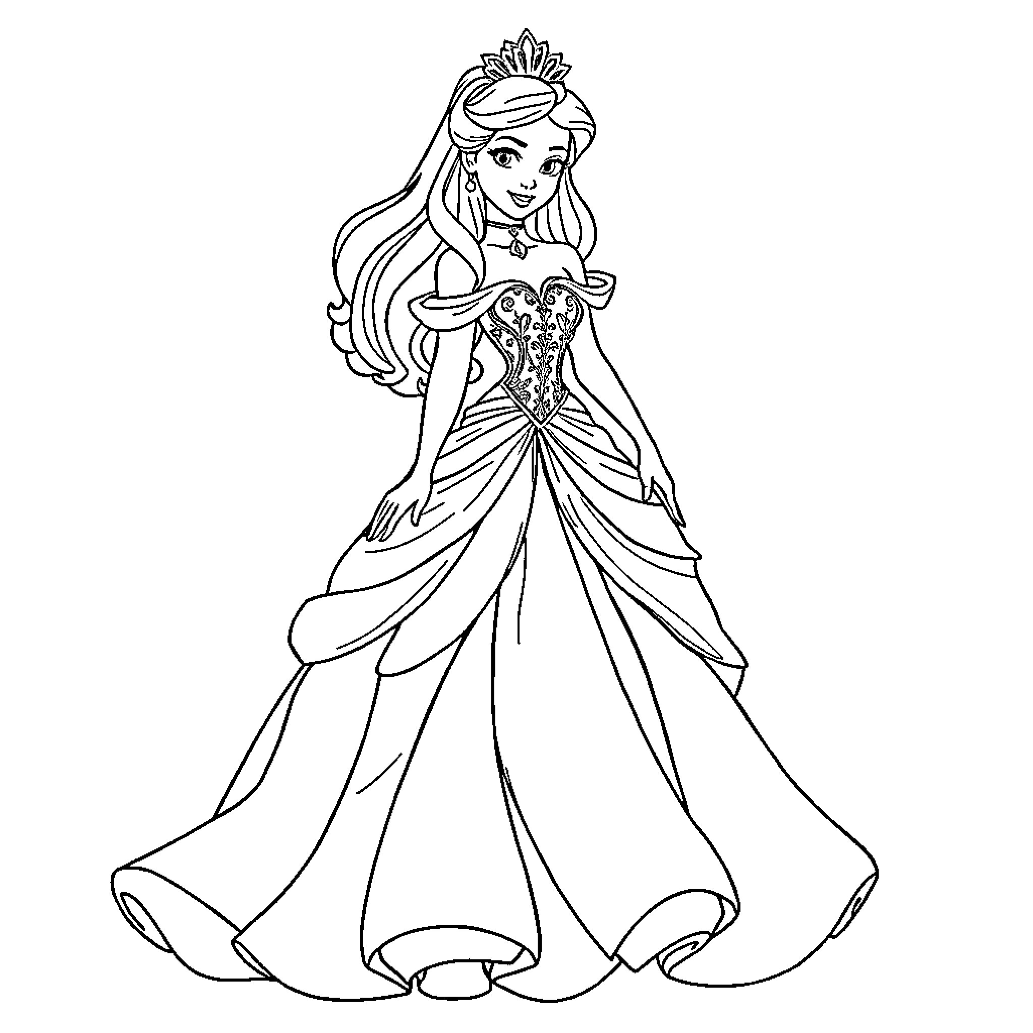 Princess in Elegant Gown and Crown Coloring Page (free black-and-white line drawing printable PDF for all, from beginners to advanced learners, including children, teens, adults, and seniors)