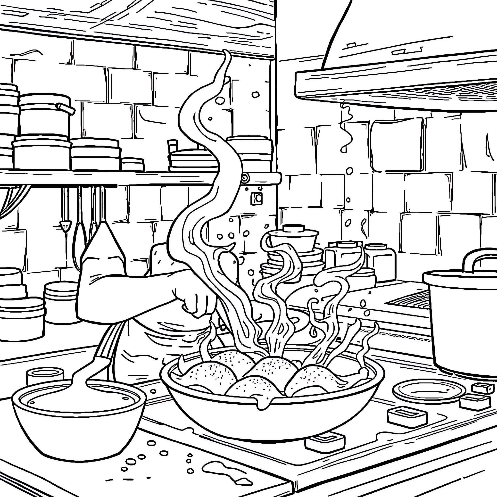 Beignet in a Cozy Kitchen Scene Coloring Page (free black-and-white line drawing printable PDF for all, from beginners to advanced learners, including children, teens, adults, and seniors)