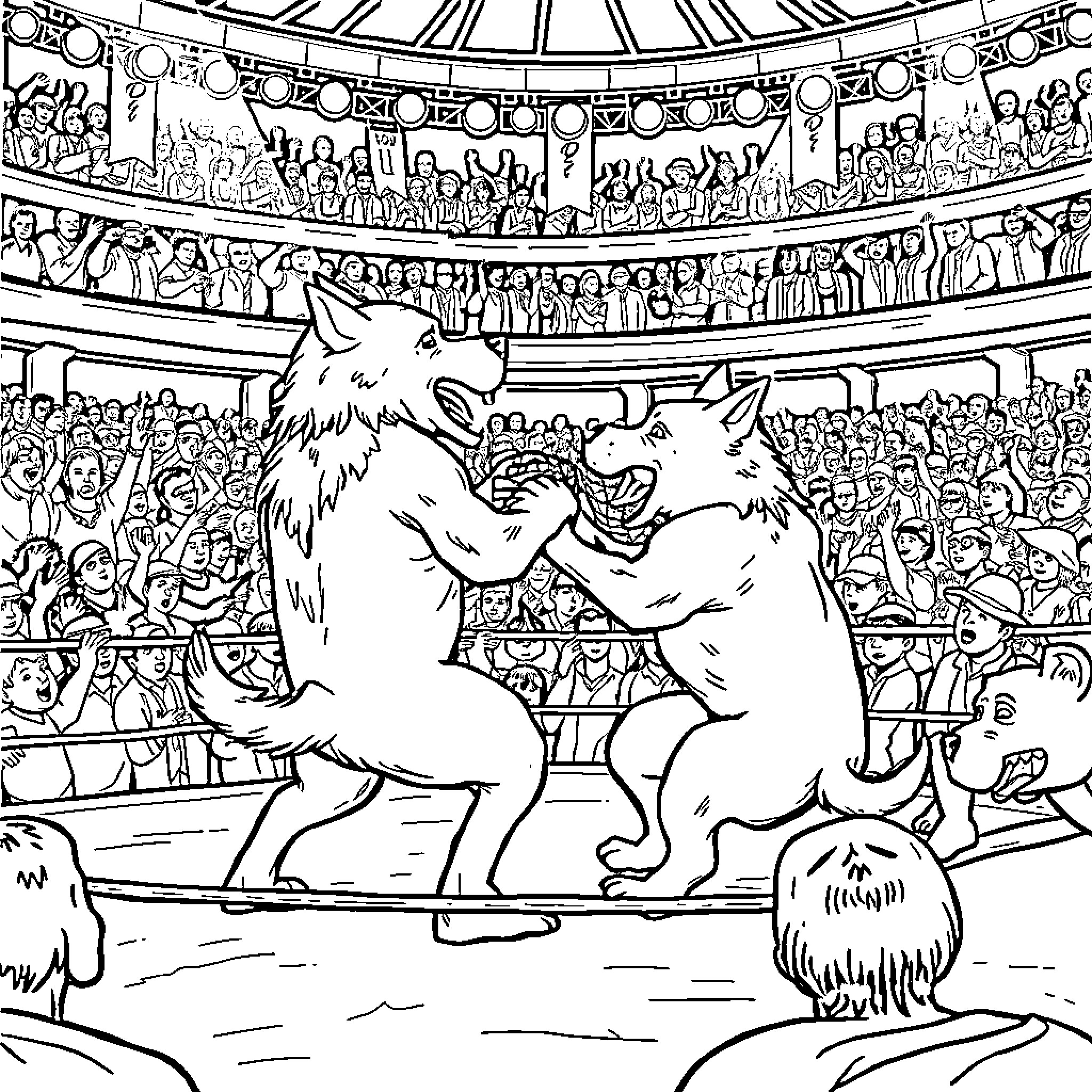 Dog Fight Performance in Crowded Colosseum Coloring Page (free black-and-white line drawing printable PDF for all, from beginners to advanced learners, including children, teens, adults, and seniors)