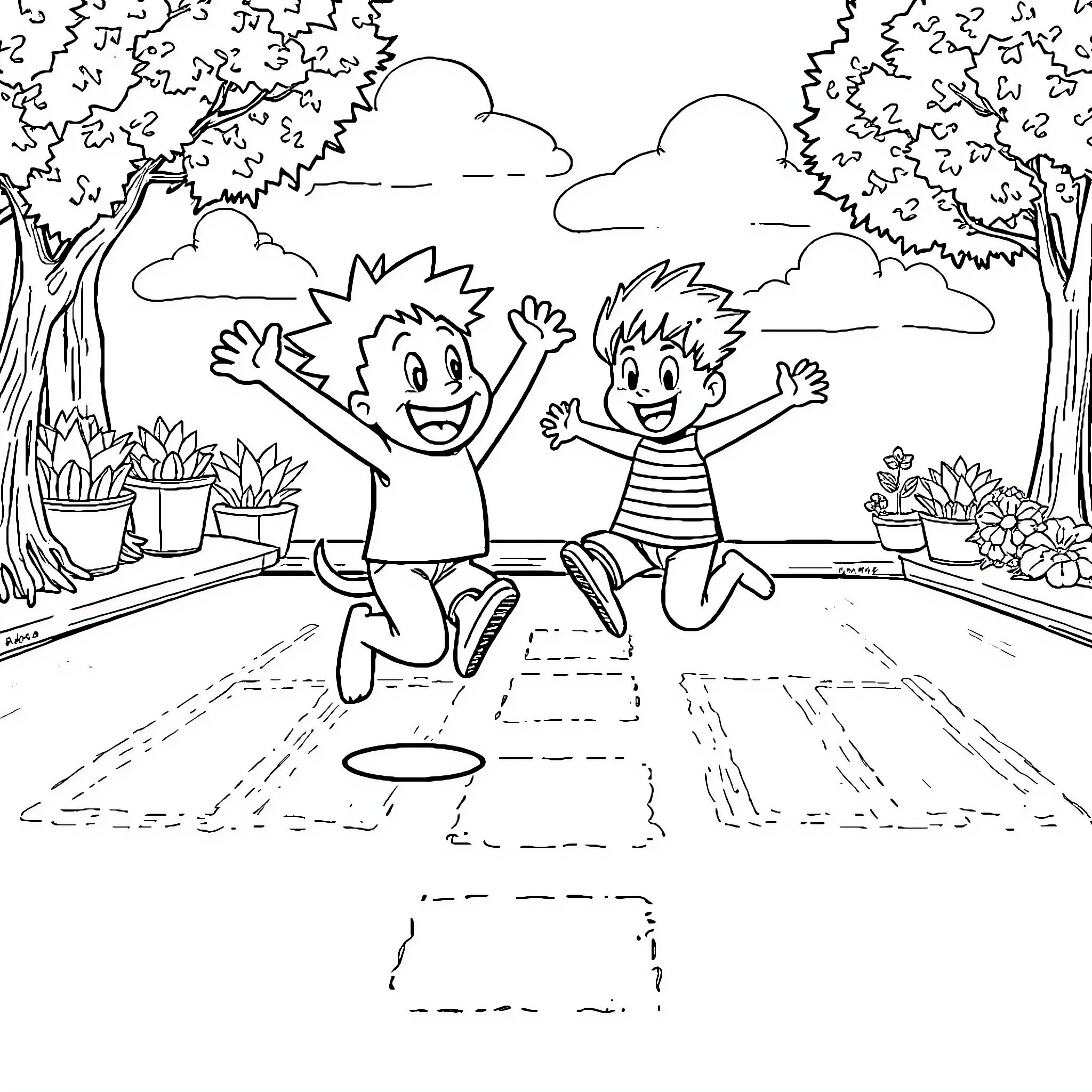 Bakugo Boys Happily Jumping in Park Scene Coloring Page (free black-and-white line drawing printable PDF for all, from beginners to advanced learners, including children, teens, adults, and seniors)
