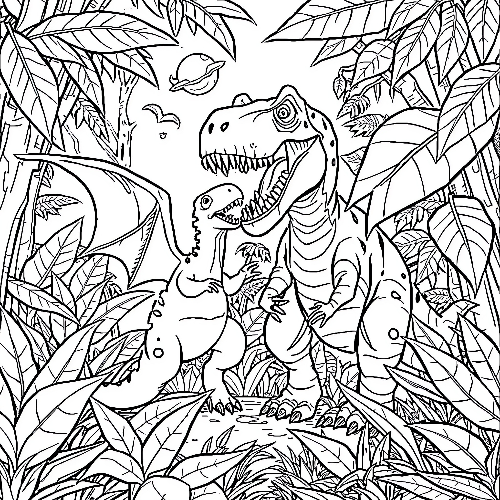 Tchoupi's Prehistoric Adventure in the Jungle Coloring Page (free black-and-white line drawing printable PDF for all, from beginners to advanced learners, including children, teens, adults, and seniors)