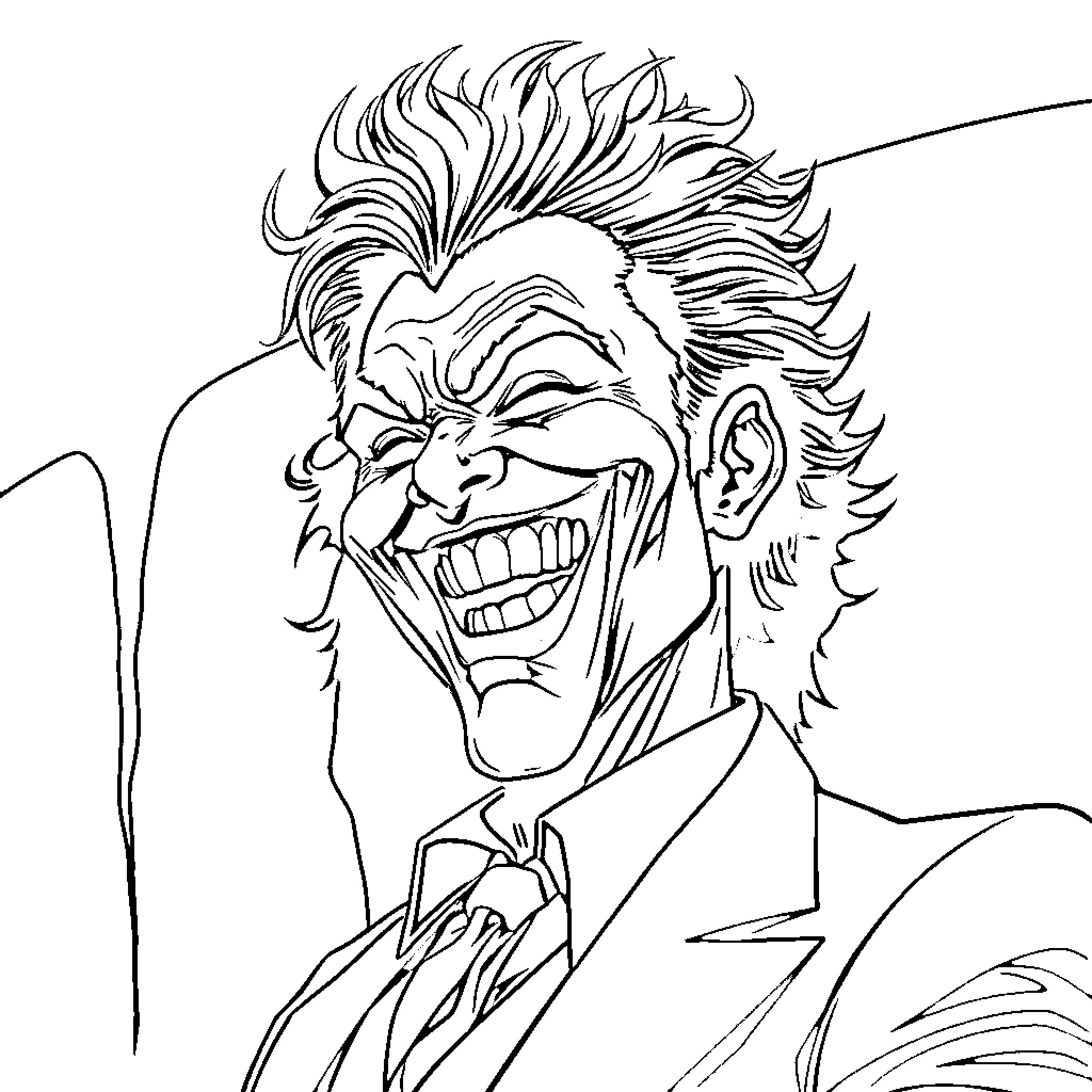 Joker's Mischievous Grin and Unruly Appearance Coloring Page (free black-and-white line drawing printable PDF for all, from beginners to advanced learners, including children, teens, adults, and seniors)