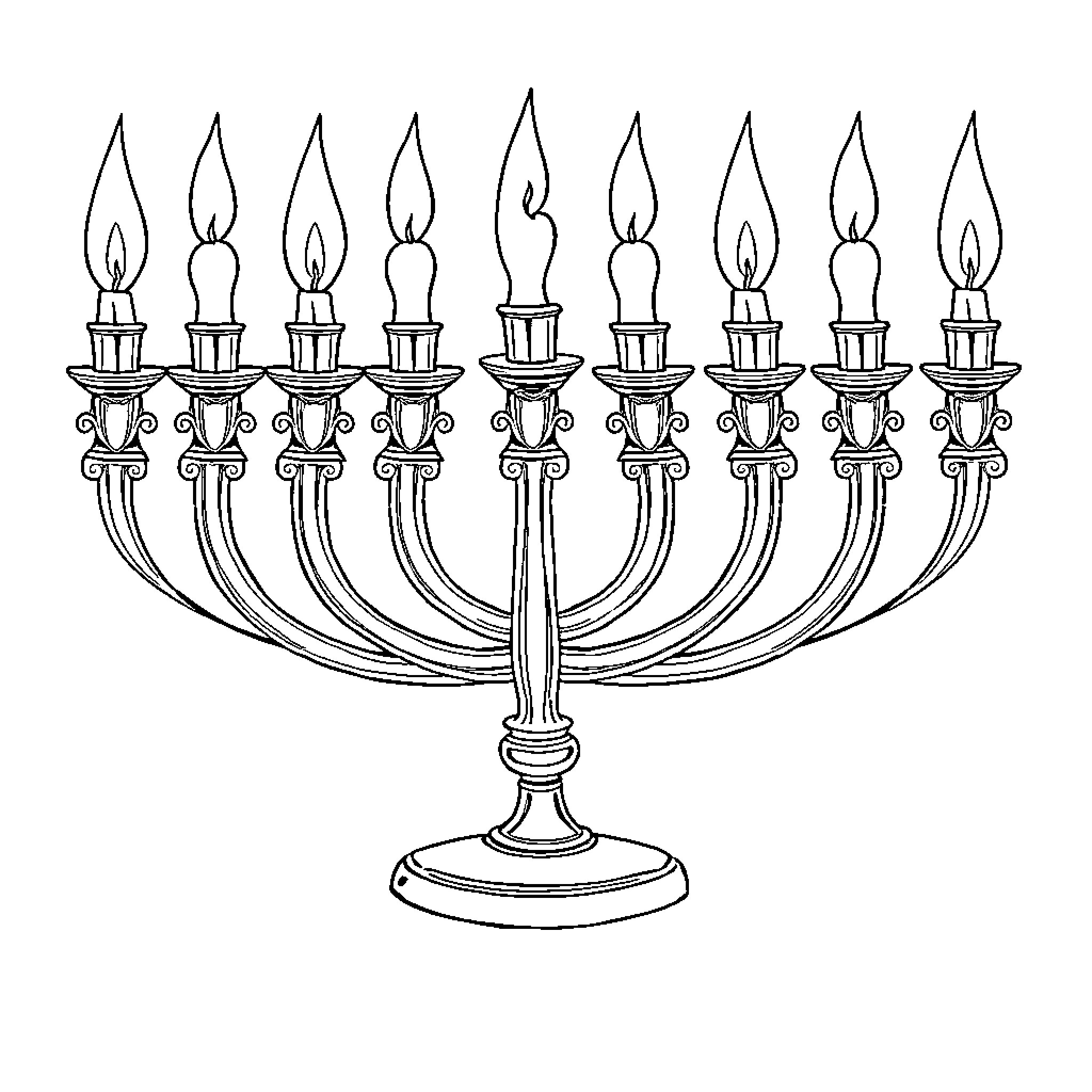 Menorah with Lit Candles Coloring Page (free black-and-white line drawing printable PDF for all, from beginners to advanced learners, including children, teens, adults, and seniors)