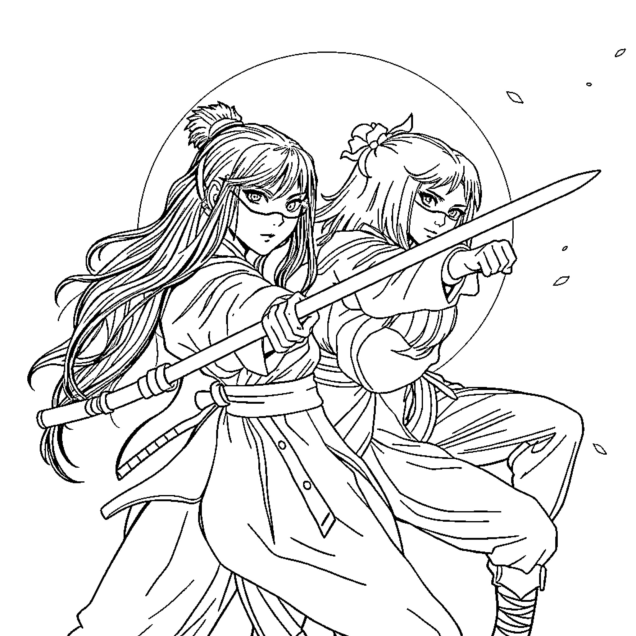 Kpop Warriors in Fierce Battle Stance Coloring Page (free black-and-white line drawing printable PDF for all, from beginners to advanced learners, including children, teens, adults, and seniors)