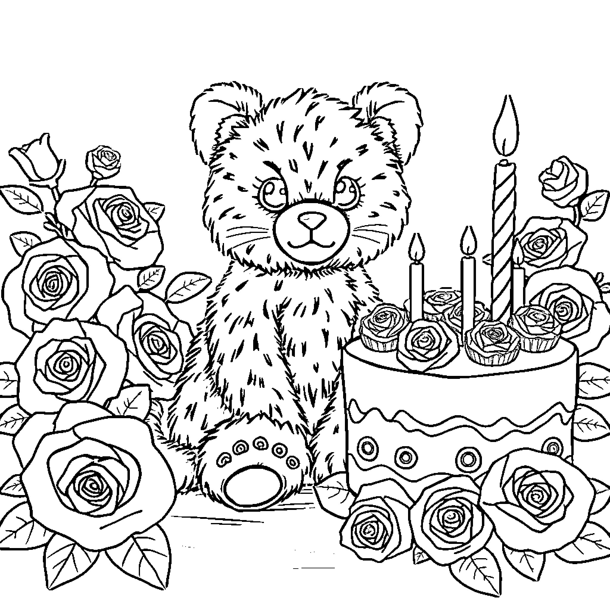 Jellycat celebrating with roses and cake Coloring Page (free black-and-white line drawing printable PDF for all, from beginners to advanced learners, including children, teens, adults, and seniors)