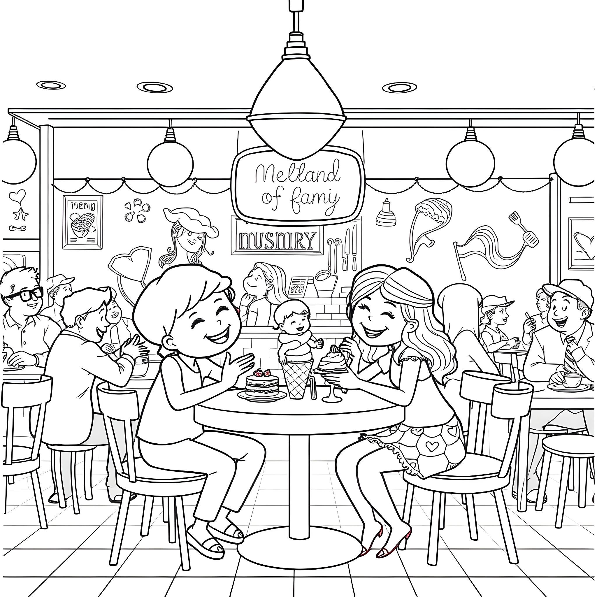 Ice Cream Treats at the Cozy Melland of Kamy Bakery Coloring Page (free black-and-white line drawing printable PDF for all, from beginners to advanced learners, including children, teens, adults, and seniors)