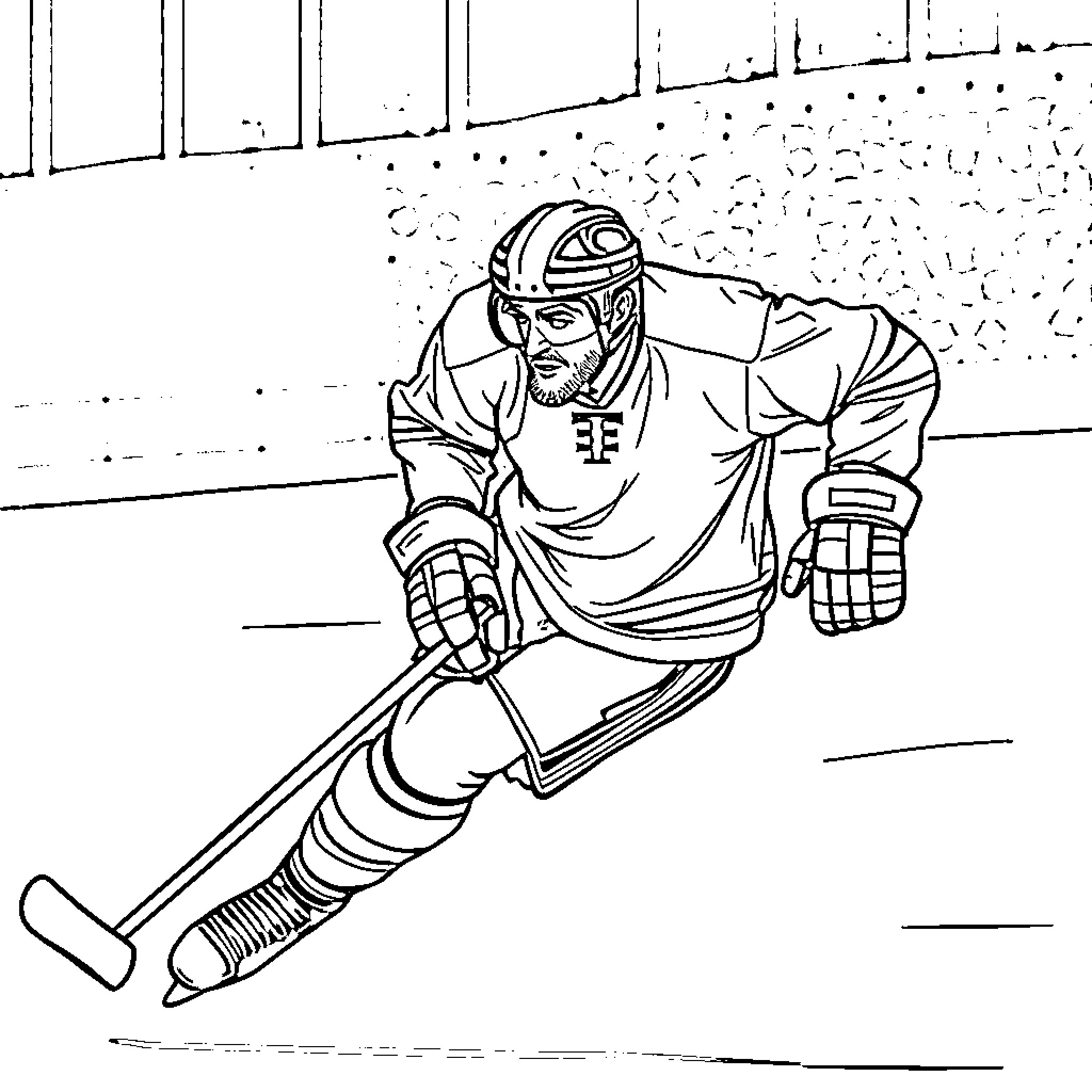 Les Claypool playing hockey on the ice Coloring Page (free black-and-white line drawing printable PDF for all, from beginners to advanced learners, including children, teens, adults, and seniors)