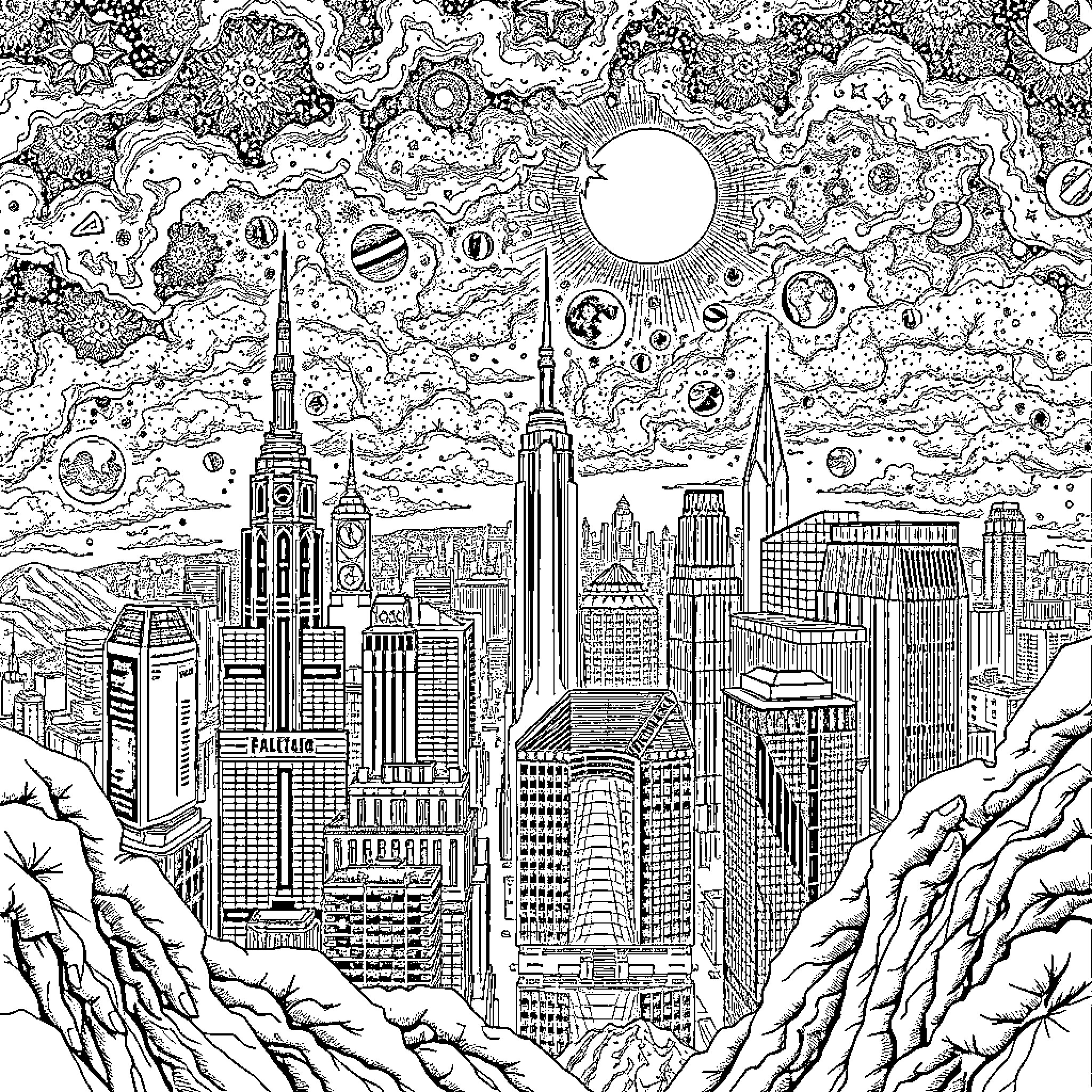 City of Intricate Architectural Wonders and Cosmic Landscapes Coloring Page (free black-and-white line drawing printable PDF for all, from beginners to advanced learners, including children, teens, adults, and seniors)