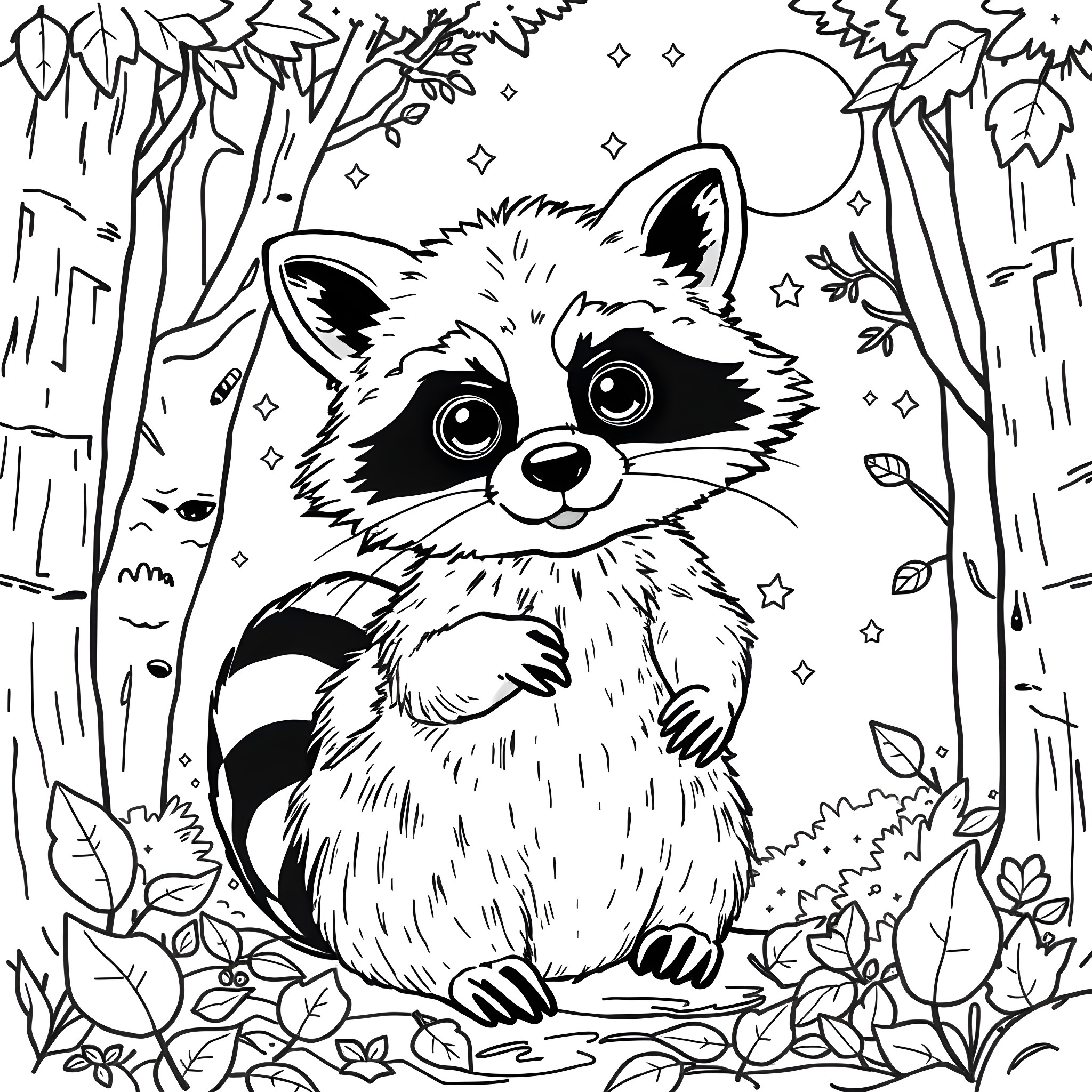 Raccoon exploring the enchanted forest Coloring Page (free black-and-white line drawing printable PDF for all, from beginners to advanced learners, including children, teens, adults, and seniors)