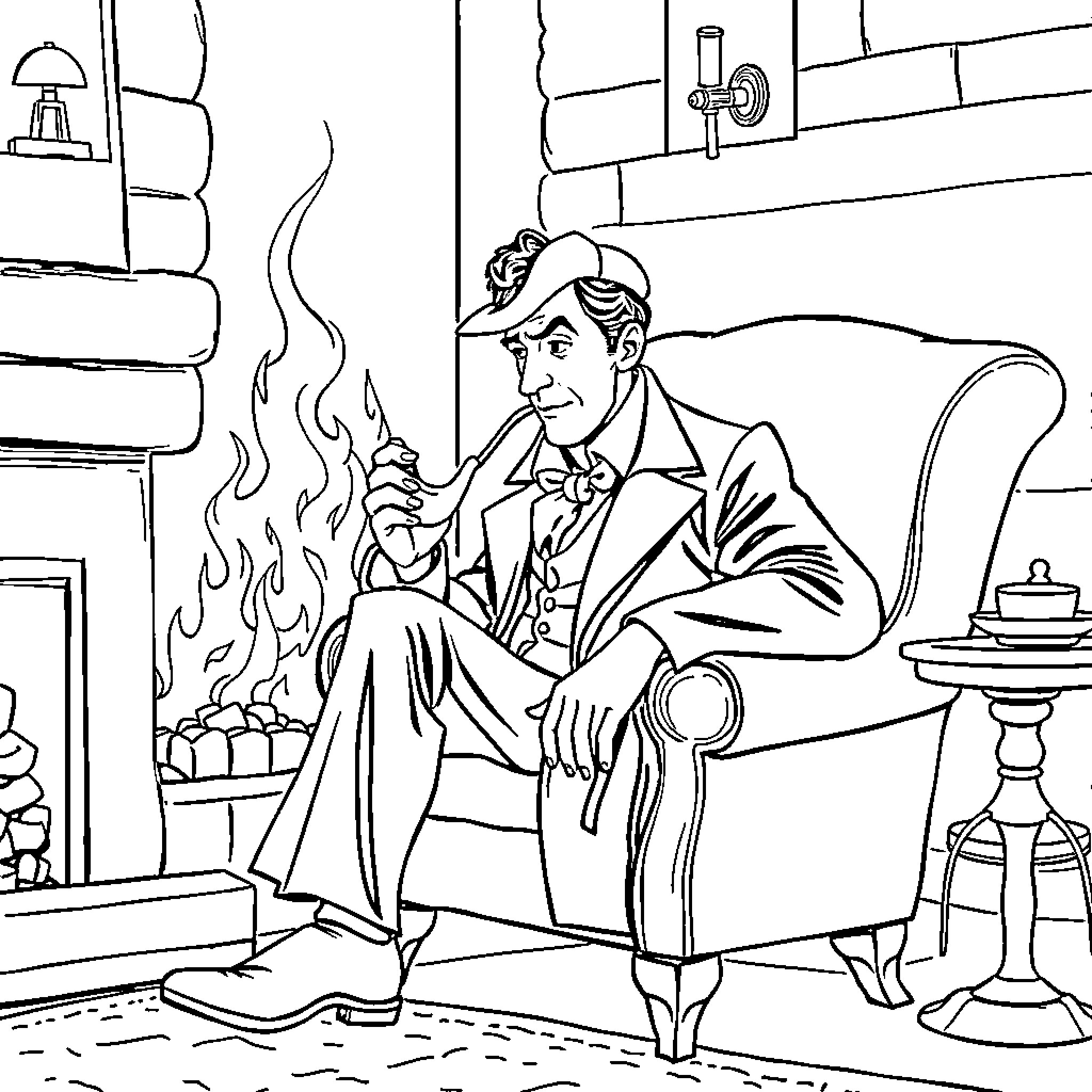 Sherlock Holmes solving a mystery by the fireplace Coloring Page (free black-and-white line drawing printable PDF for all, from beginners to advanced learners, including children, teens, adults, and seniors)