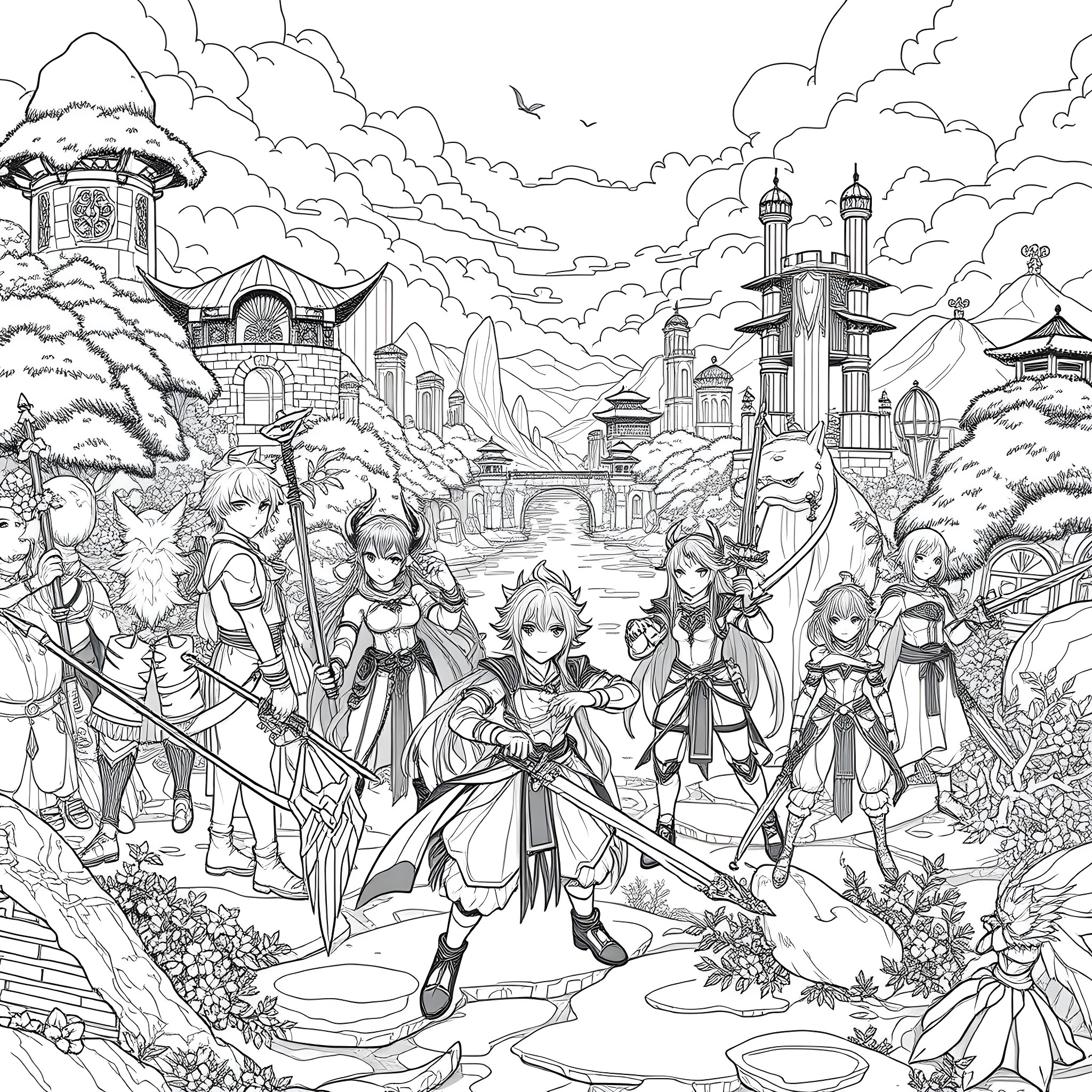 Genshin Impact Character Ensemble in Fantasy Landscape Coloring Page (free black-and-white line drawing printable PDF for all, from beginners to advanced learners, including children, teens, adults, and seniors)