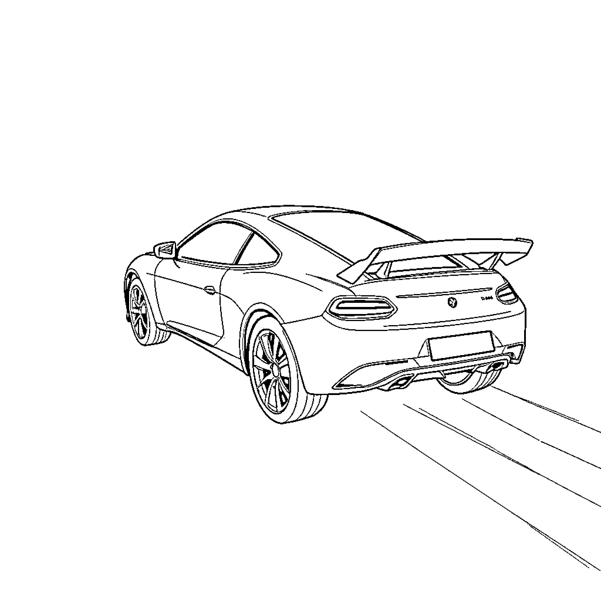 Flying Car speeding on the road Coloring Page (free black-and-white line drawing printable PDF for all, from beginners to advanced learners, including children, teens, adults, and seniors)