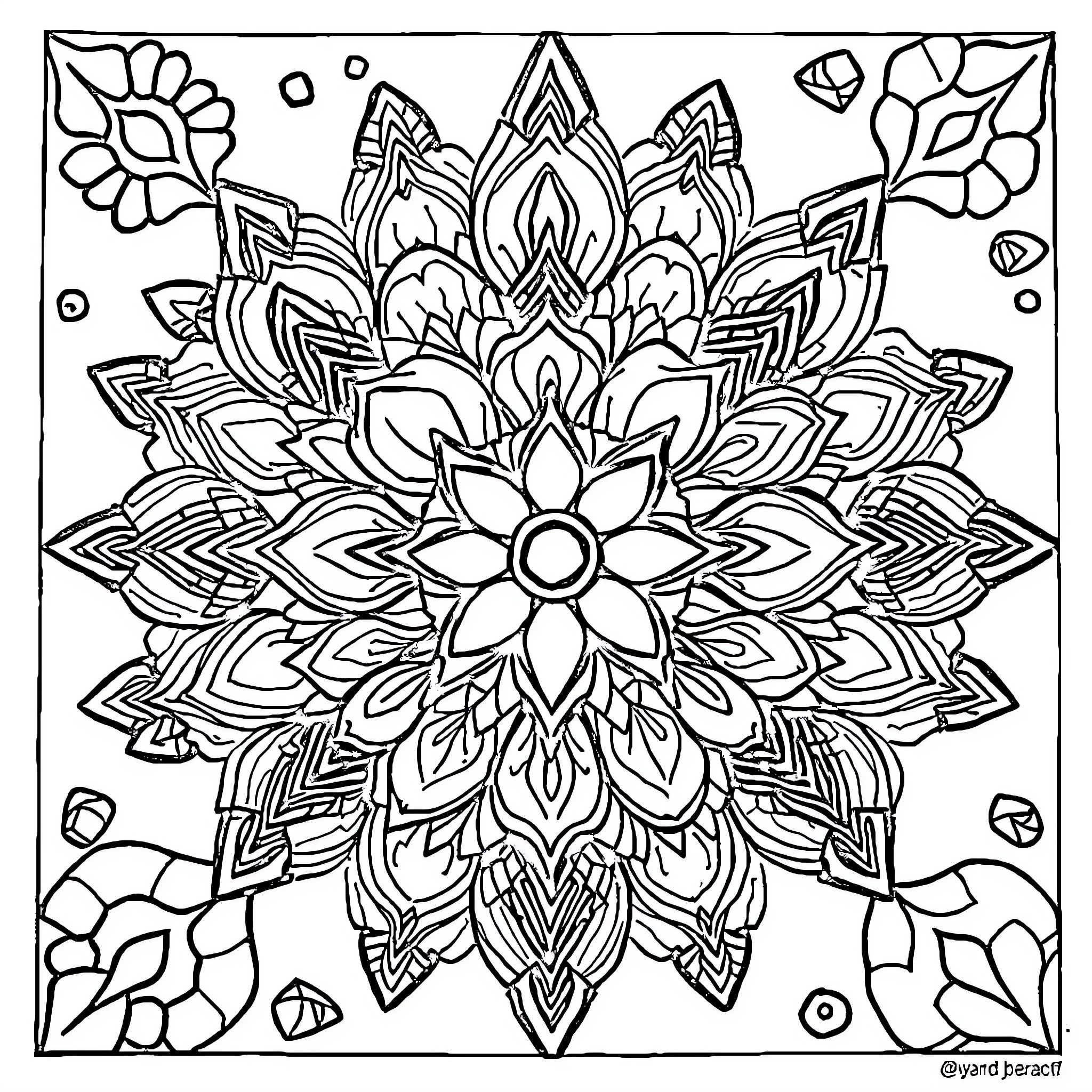 Anxiety-Inducing Floral Mandala Coloring Page (free black-and-white line drawing printable PDF for all, from beginners to advanced learners, including children, teens, adults, and seniors)