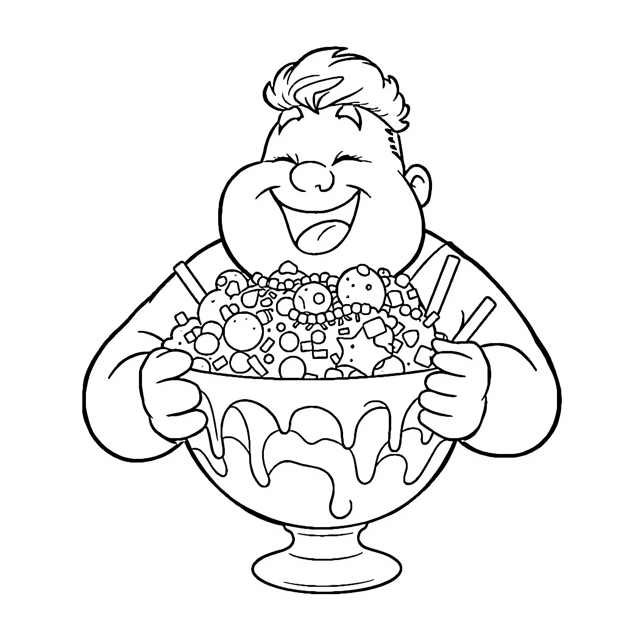 Guy happily enjoying a large ice cream sundae Coloring Page (free black-and-white line drawing printable PDF for all, from beginners to advanced learners, including children, teens, adults, and seniors)