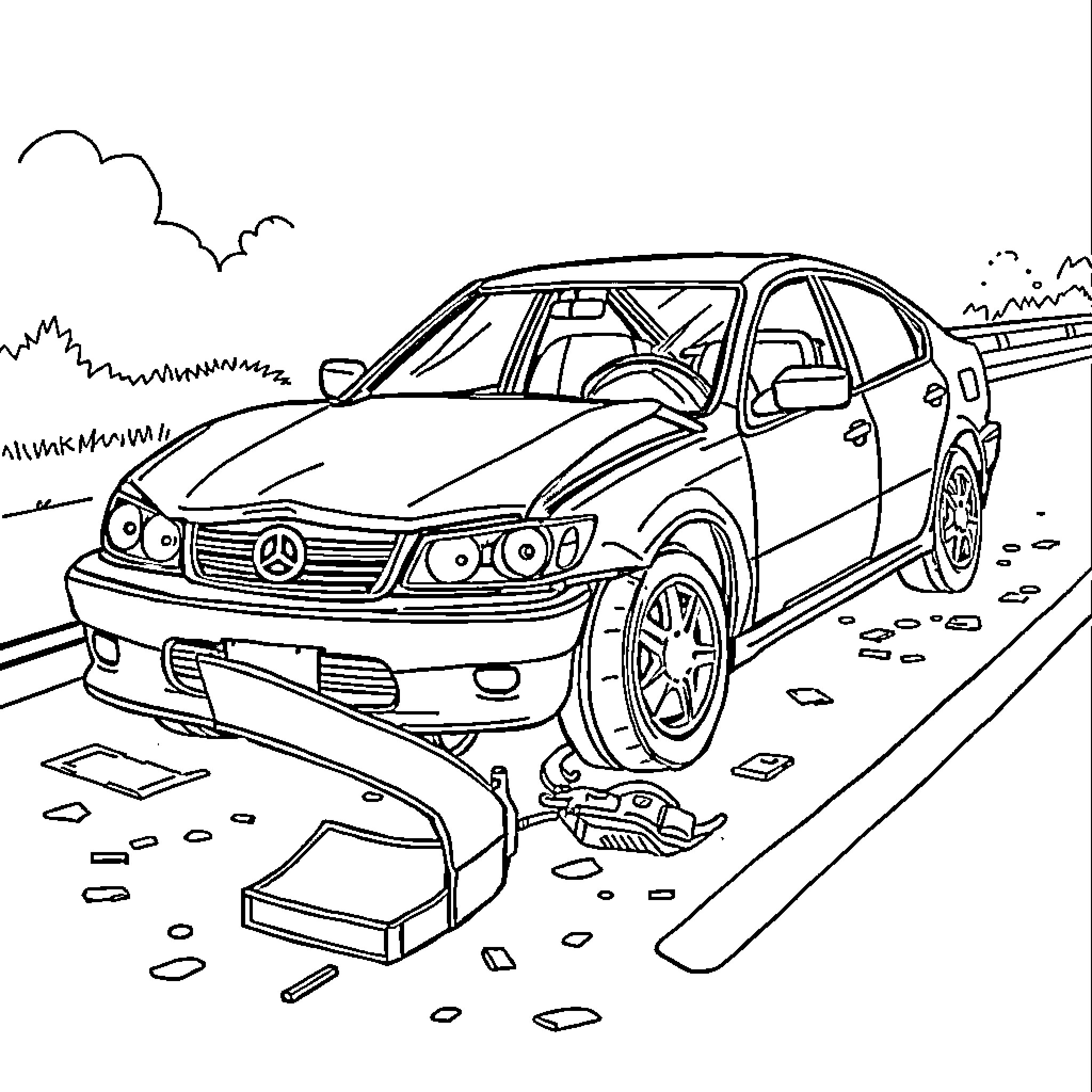 Car accident on the road with scattered debris Coloring Page (free black-and-white line drawing printable PDF for all, from beginners to advanced learners, including children, teens, adults, and seniors)
