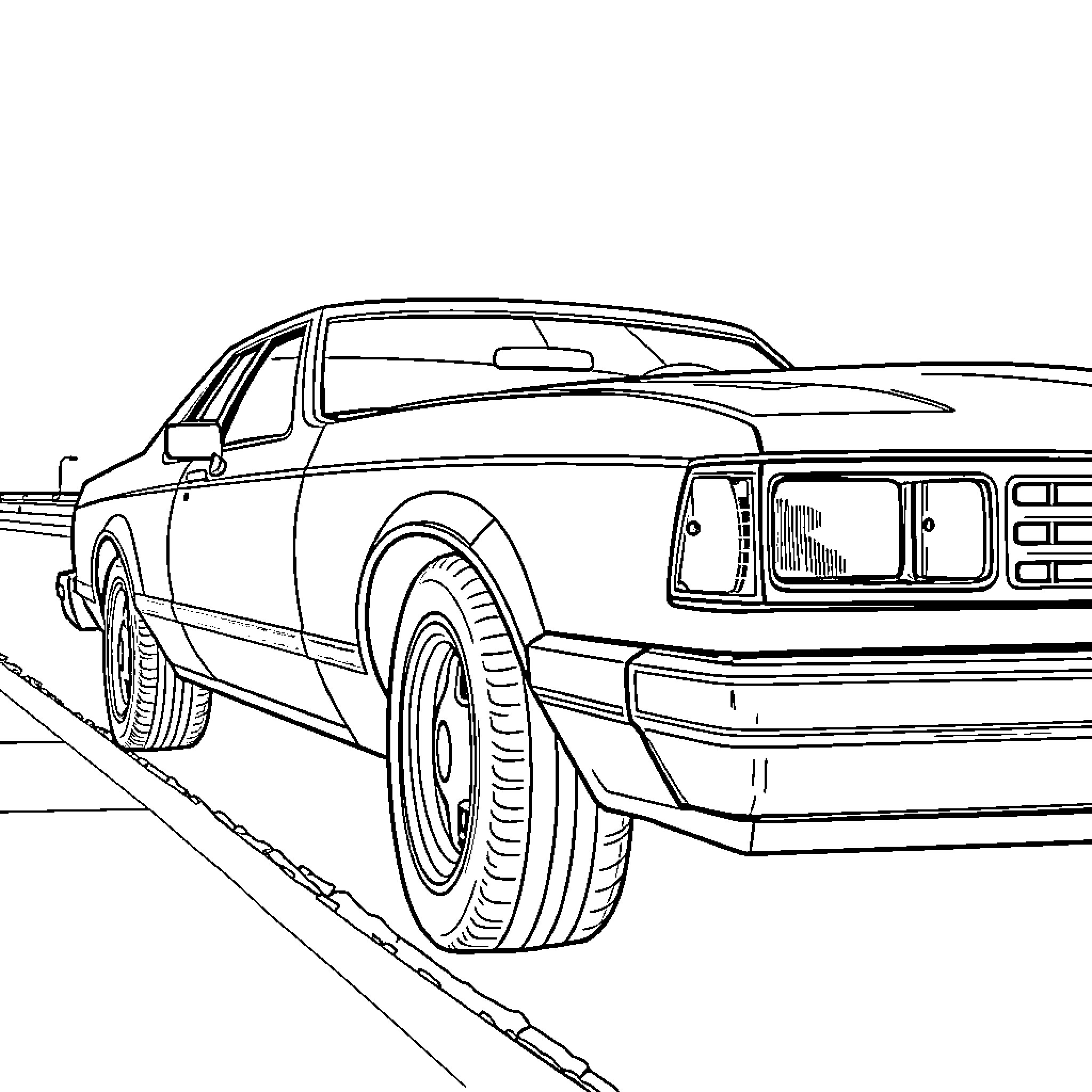 Ford vintage muscle car on the open road Coloring Page (free black-and-white line drawing printable PDF for all, from beginners to advanced learners, including children, teens, adults, and seniors)