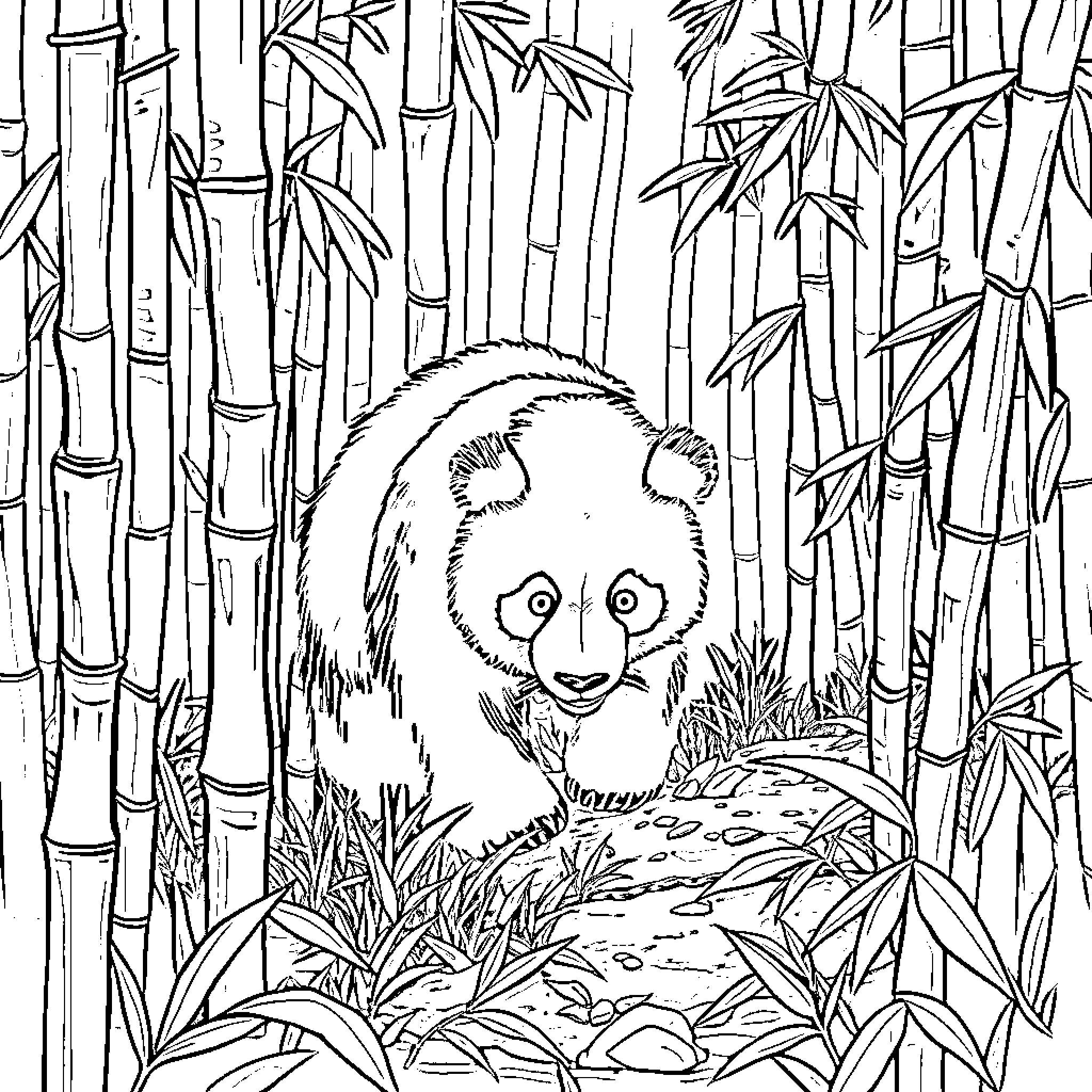 Panda in Bamboo Forest Coloring Page (free black-and-white line drawing printable PDF for all, from beginners to advanced learners, including children, teens, adults, and seniors)