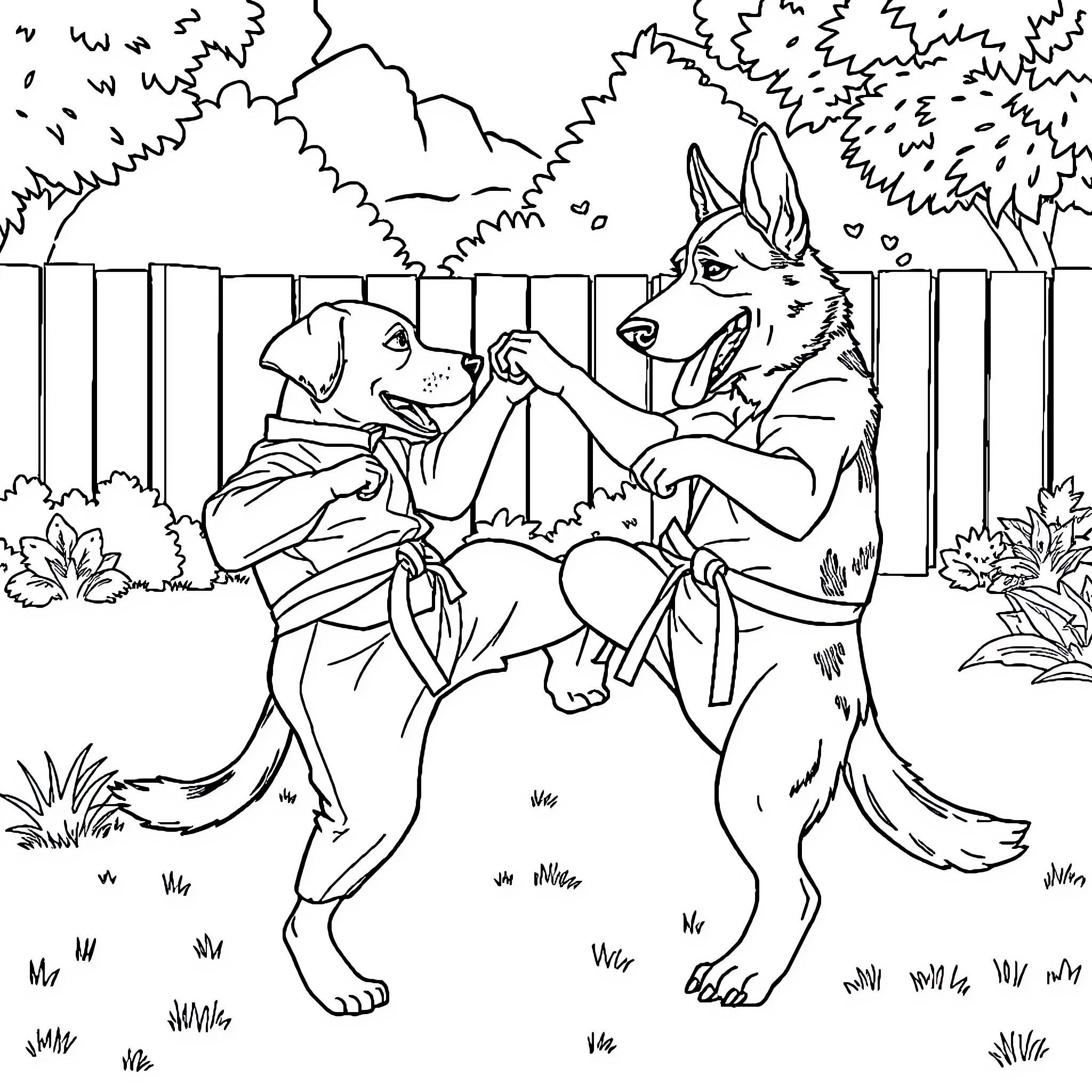 Dog friends playing together in the backyard Coloring Page (free black-and-white line drawing printable PDF for all, from beginners to advanced learners, including children, teens, adults, and seniors)
