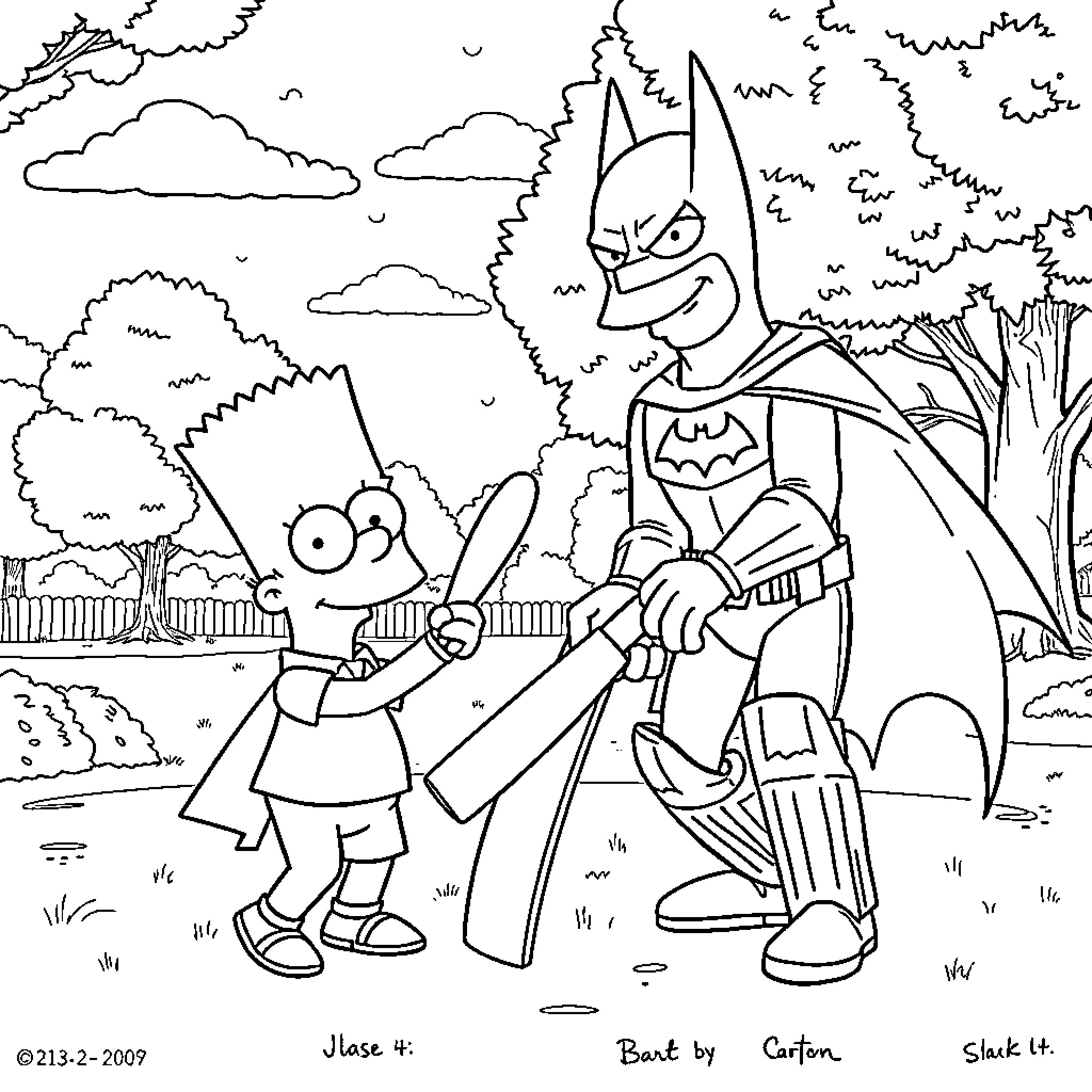 Batman and Bart team up for an adventure Coloring Page (free black-and-white line drawing printable PDF for all, from beginners to advanced learners, including children, teens, adults, and seniors)