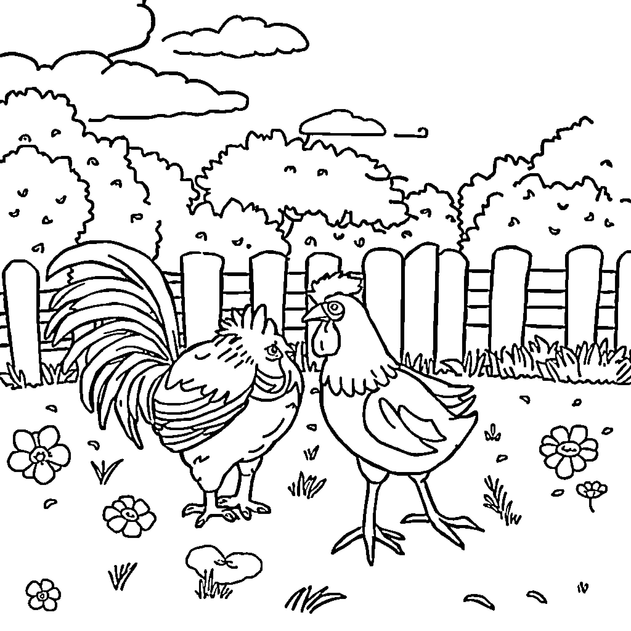 Waina's Playful Farmyard Companions Coloring Page (free black-and-white line drawing printable PDF for all, from beginners to advanced learners, including children, teens, adults, and seniors)