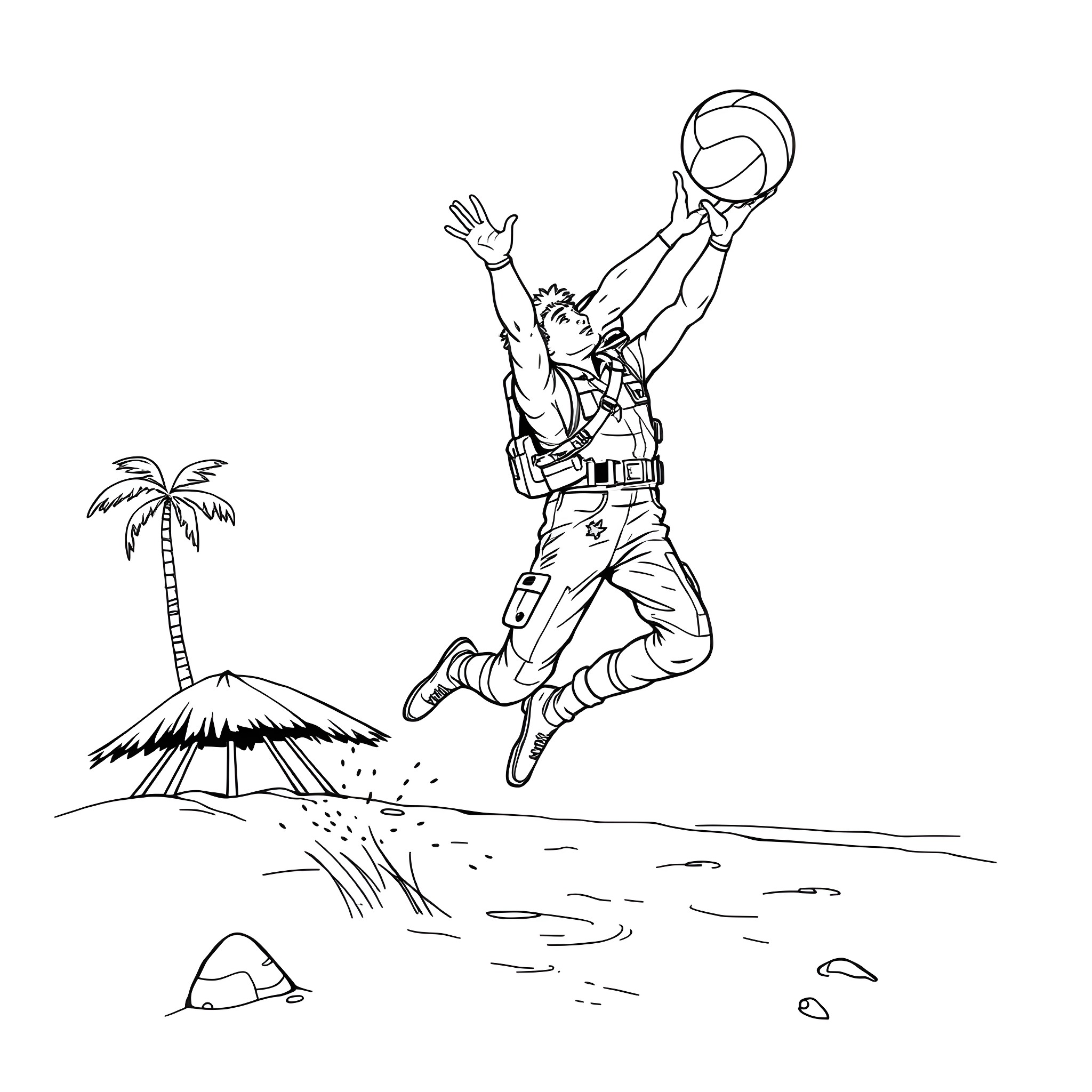 GI Joe diving for the ball on the beach Coloring Page (free black-and-white line drawing printable PDF for all, from beginners to advanced learners, including children, teens, adults, and seniors)