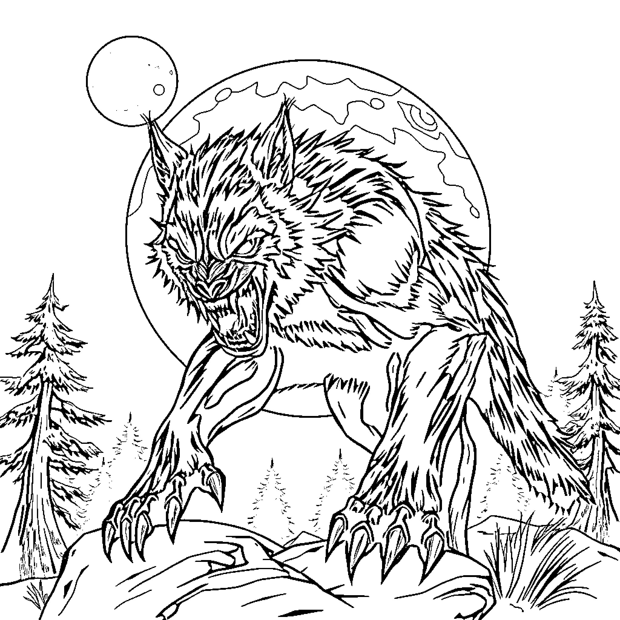 Werewolf howling under the night sky Coloring Page (free black-and-white line drawing printable PDF for all, from beginners to advanced learners, including children, teens, adults, and seniors)