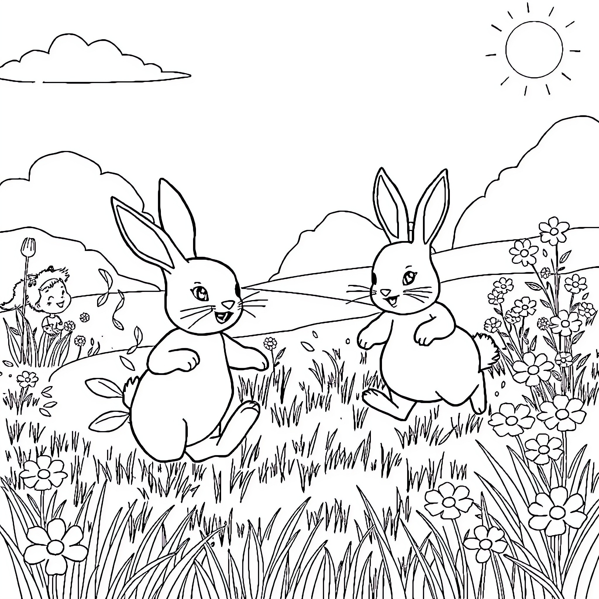 Bunnies hopping in a meadow filled with flowers Coloring Page (free black-and-white line drawing printable PDF for all, from beginners to advanced learners, including children, teens, adults, and seniors)