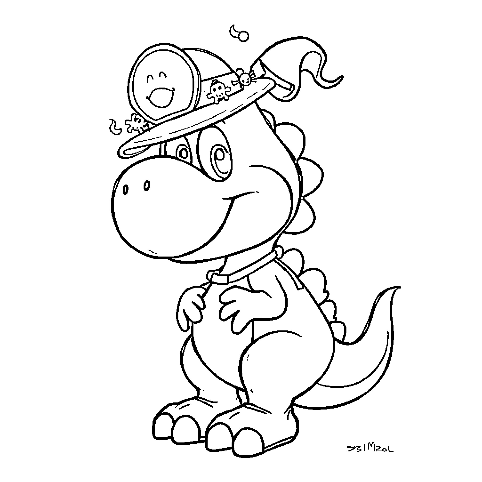 Yoshi dinosaur wearing a sombrero hat Coloring Page (free black-and-white line drawing printable PDF for all, from beginners to advanced learners, including children, teens, adults, and seniors)