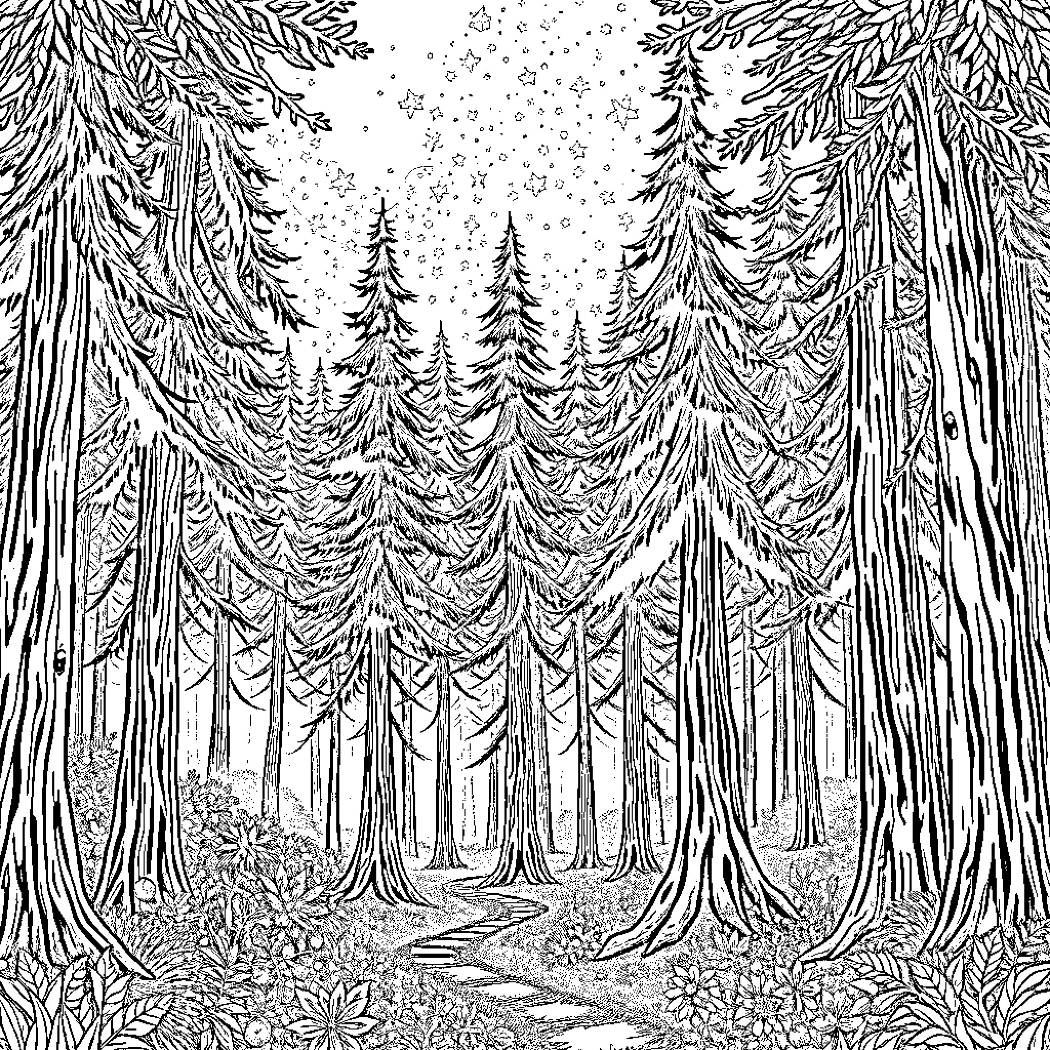 Forest scene with tall, dense trees Coloring Page (free black-and-white line drawing printable PDF for all, from beginners to advanced learners, including children, teens, adults, and seniors)
