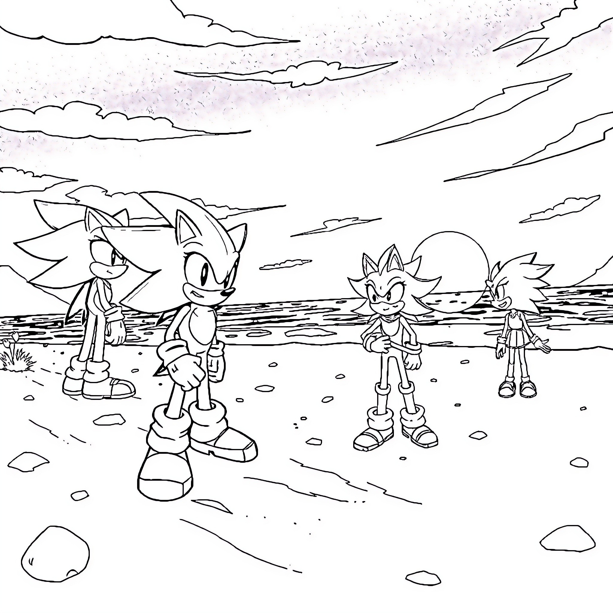 Izuku and friends explore a scenic landscape Coloring Page (free black-and-white line drawing printable PDF for all, from beginners to advanced learners, including children, teens, adults, and seniors)